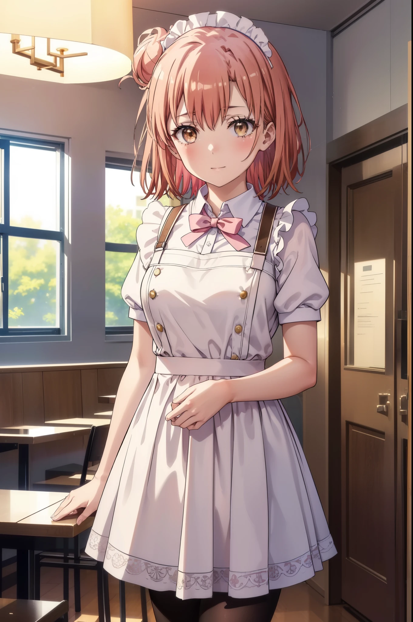 yuiyuigahama, yui yuigahama, short hair, (brown eyes:1.5), (pink hair:1.2), bun hair, single bun hair,(big breasts:1.2),headdress, maid uniform,dress,ロングskirt,white pantyhose,short boots, apron, 両手でskirtを持ち上げている,looking at the viewer, happy smile, smile, blush,open your mouth,skirt, skirt lift, 自分で持ち上げる
break indoors, coffee shop,
break looking at viewer, (cowboy shot:1.5),
break (masterpiece:1.2), highest quality, High resolution, unity 8k wallpaper, (figure:0.8), (detailed and beautiful eyes:1.6), highly detailed face, perfect lighting, Very detailed CG, (perfect hands, perfect anatomy),