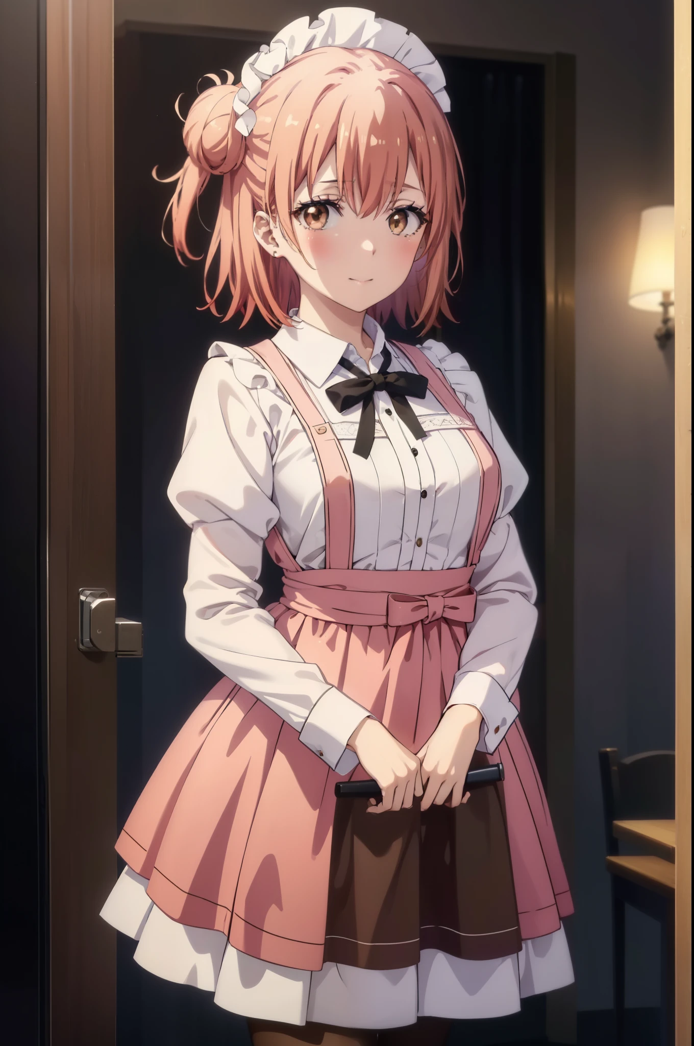 yuiyuigahama, yui yuigahama, short hair, (brown eyes:1.5), (pink hair:1.2), bun hair, single bun hair,(big breasts:1.2),headdress, maid uniform,dress,ロングskirt,white pantyhose,short boots, apron, 両手でskirtを持ち上げている,looking at the viewer, happy smile, smile, blush,open your mouth,skirt, skirt lift, 自分で持ち上げる
break indoors, coffee shop,
break looking at viewer, (cowboy shot:1.5),
break (masterpiece:1.2), highest quality, High resolution, unity 8k wallpaper, (figure:0.8), (detailed and beautiful eyes:1.6), highly detailed face, perfect lighting, Very detailed CG, (perfect hands, perfect anatomy),