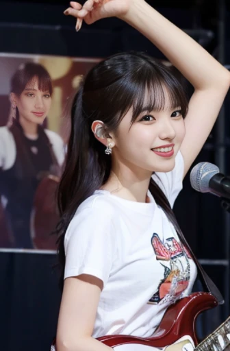 best quality, detailed, beautiful, insanely detailed, absurdres,perfect anatomy,
Japanese woman,black hair,27 years old,
(slender),
(small breasts),
laughing, bending over, bangs pinned back, (white jeans:1.1), (red t-shirt:1.1), earrings, (with a guitar, at concert:1.3), (gigantic scale:1.2), from front