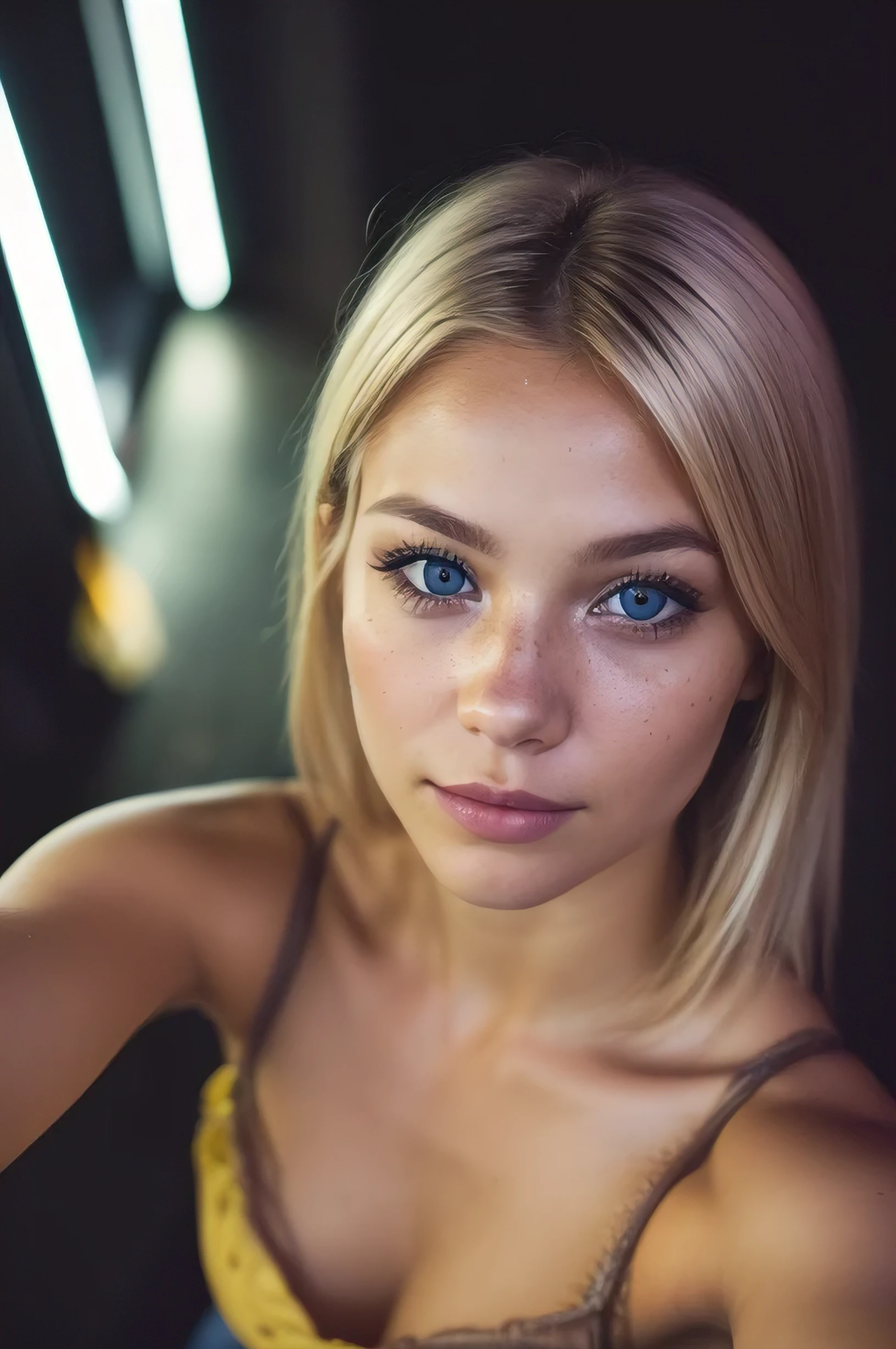 (foto de selfie, from aBove: 1.4), (half-Body portrait: 1.4), 24-year-old Blonde (Blue-eyed woman) walking in a Bar RAW uhd portrait photo, natural Breast_B, city Background at noite, (yellow summer dress), (rachadura), detalhado (textura!, cabelo!, Brilhar, cor!!, imperfections: 1.1), highly detalhado glowing eyes, (looking at the camera), luz especular, dslr, qualidade extrema, Afiado focus, Afiado, DOF, Film grain, (centrado), Fujifilm XT3, claro como cristal, centro do quadro, rosto fofo, Afiado focus, street lamp, luzes de neon, Bokeh, (luz negra), sutil, noite, (noite sky ) detalhado skin pores, dark skin oil, Brown, detalhes complexos dos olhos