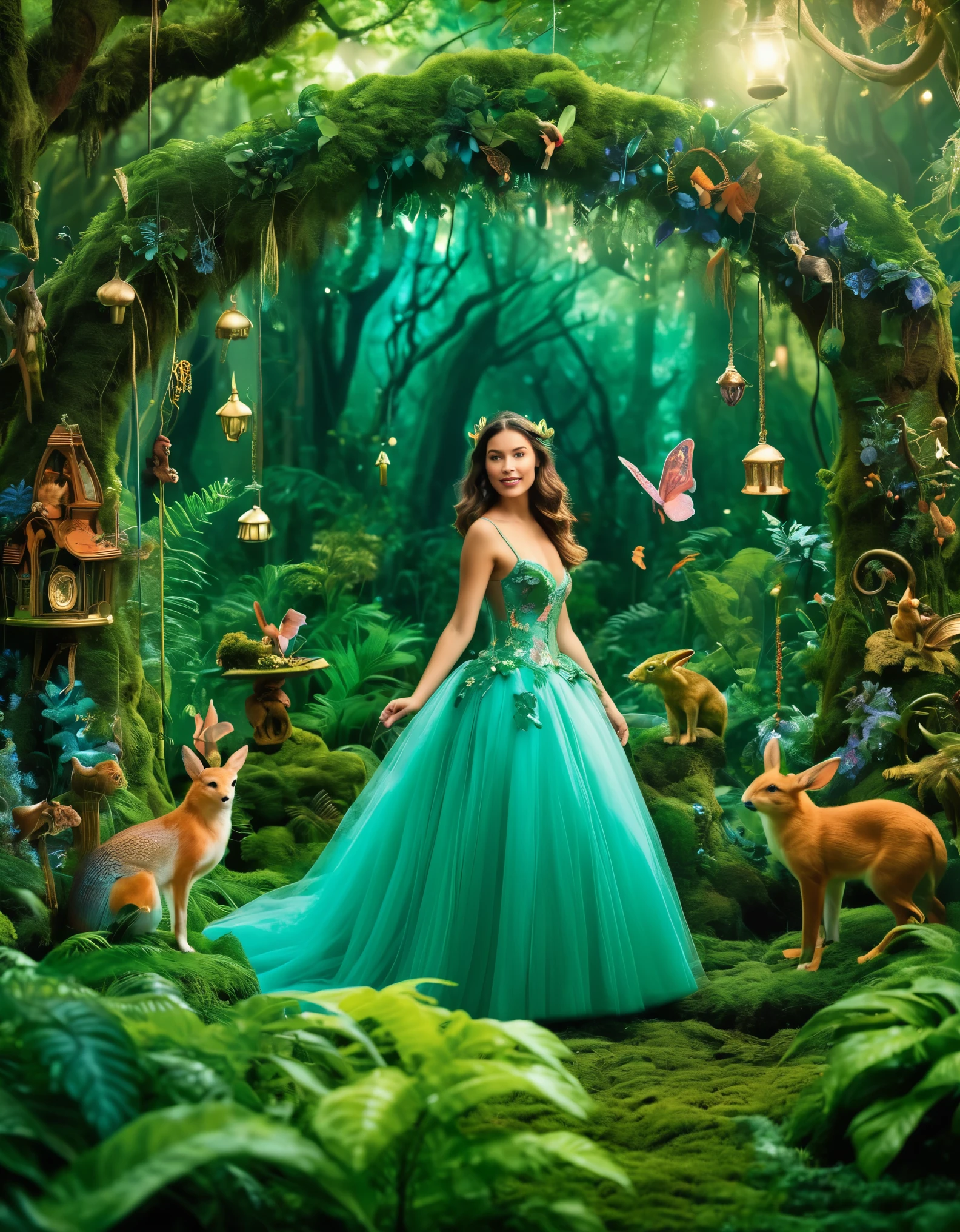 Create a whimsical scene in an enchanted forest, where the model is surrounded by lush foliage and magical creatures, adding an element of fantasy and wonder to the imagery.