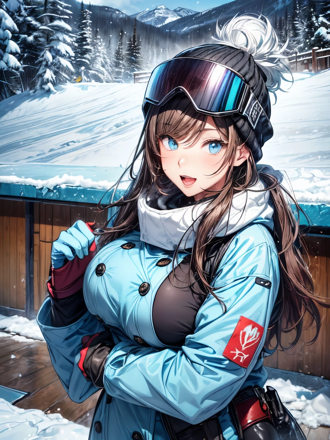 highest quality、All limbs、full finger、brown haired woman、wavy hair woman、(big breasted woman:1.9)、((Slender beauty))、1 female、(((A woman wearing light blue snowboarding clothing:1.3))), A woman wearing a white knitted hat、snow mountain、ski slope、snow board、big smile、sexy pose