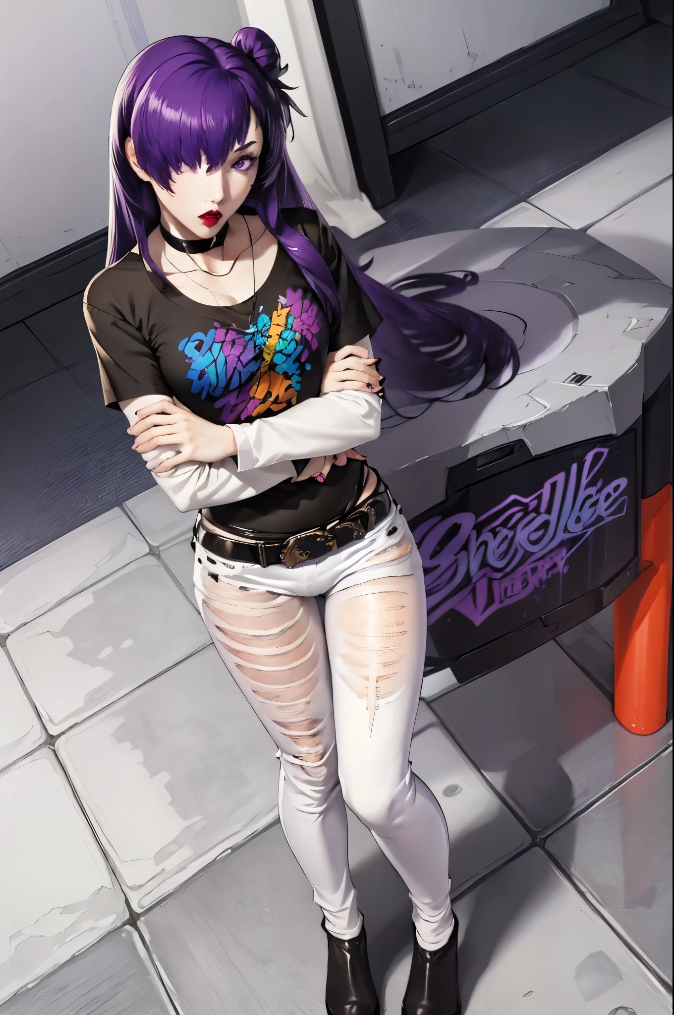 masterpiece, best quality, shez, hair over one eye, purple hair, purple eyes, 1girl, solo, standing, black t-shirt, white shirt, blue jeans, belt, lipstick,
