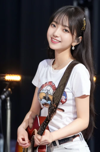 best quality, detailed, beautiful, insanely detailed, absurdres,perfect anatomy,
Japanese woman,black hair,27 years old,
(slender),
(small breasts),
laughing, bending over, bangs pinned back, (white jeans:1.1), (red t-shirt:1.1), earrings, (with a guitar, at concert:1.3), (impressive panoramas:1.2), low angle shot