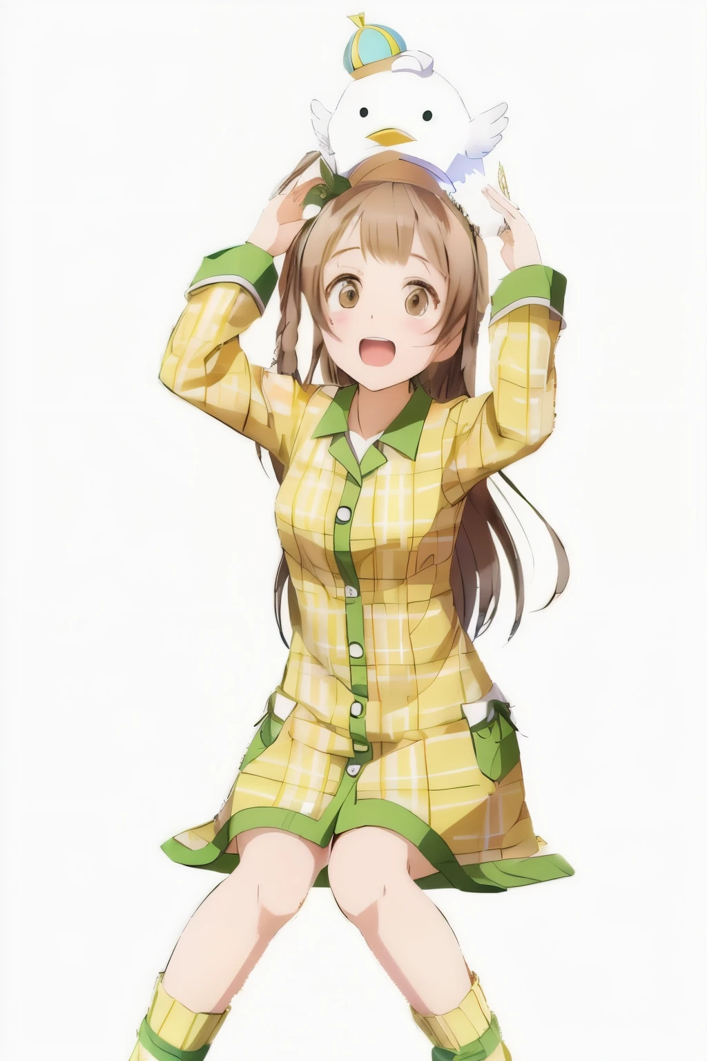 brown eyes,long hair,clover hair ornament,ahoge,blue jacket,white dress, long sleeves,green bow, black thighhighs,sneakers,amamiya mimori, on bed, panties, knees up, on back, flustration,open legs, missonary position,pov,standing penis,handjob by boy,