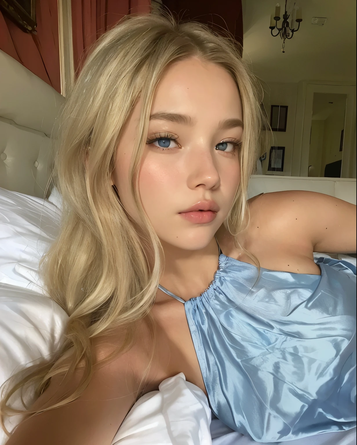 blond woman laying in bed with blue dress and white sheets, sydney sweeney, portrait sophie mudd, anya taylor - joy, anya taylor-joy, blonde goddess, anya taylor joy, blonde hair blue eyes, instagram model, without makeup, blonde hair and blue eyes, blonde braids and blue eyes, gorgeous young model, long blonde hair and blue eyes, eva elfie