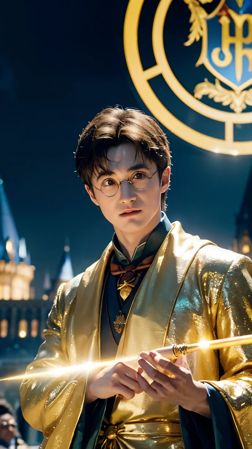 blue skin Harry Potter, muscular body, bare upper body, golden ornaments, flashy costume, Hogwarts in the background, golden king, golden emperor Harry Potter, painted in the center, crowd in the background, golden effect, golden magic, high quality,Harry Potter with golden skin, muscular body, bare upper bodyHarry Potter with golden skin, nothing on, naked, nothing on upper body, golden ornaments, flashy costume, Hogwarts in background, golden king, golden emperor Harry Potter, painted in the center, crowd in background, golden effect, golden magic, high quality, high definition、Harry Potter, the king who unifies the universe, robot in the background,