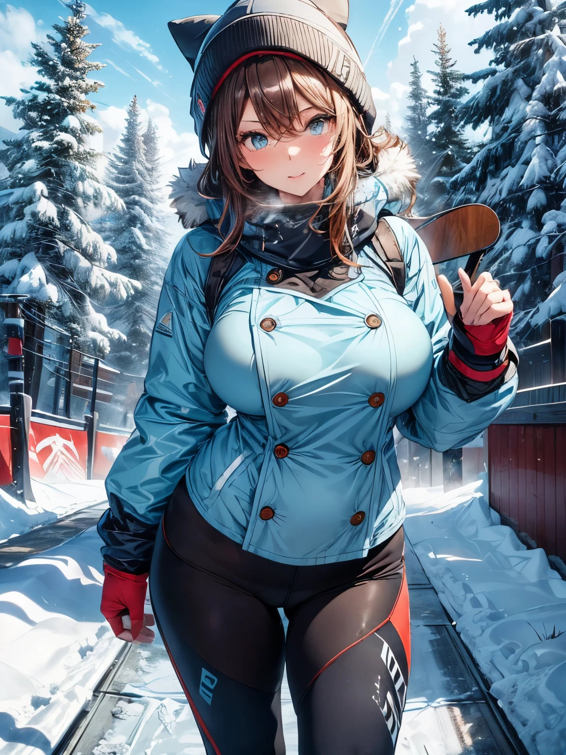 highest quality、All limbs、full finger、brown haired woman、wavy hair woman、(big breasted woman:1.9)、((Slender beauty))、1 female、(((A woman wearing light blue snowboarding clothing:1.3))), A woman wearing a white knitted hat、snow mountain、ski slope、big smile、hands on hips