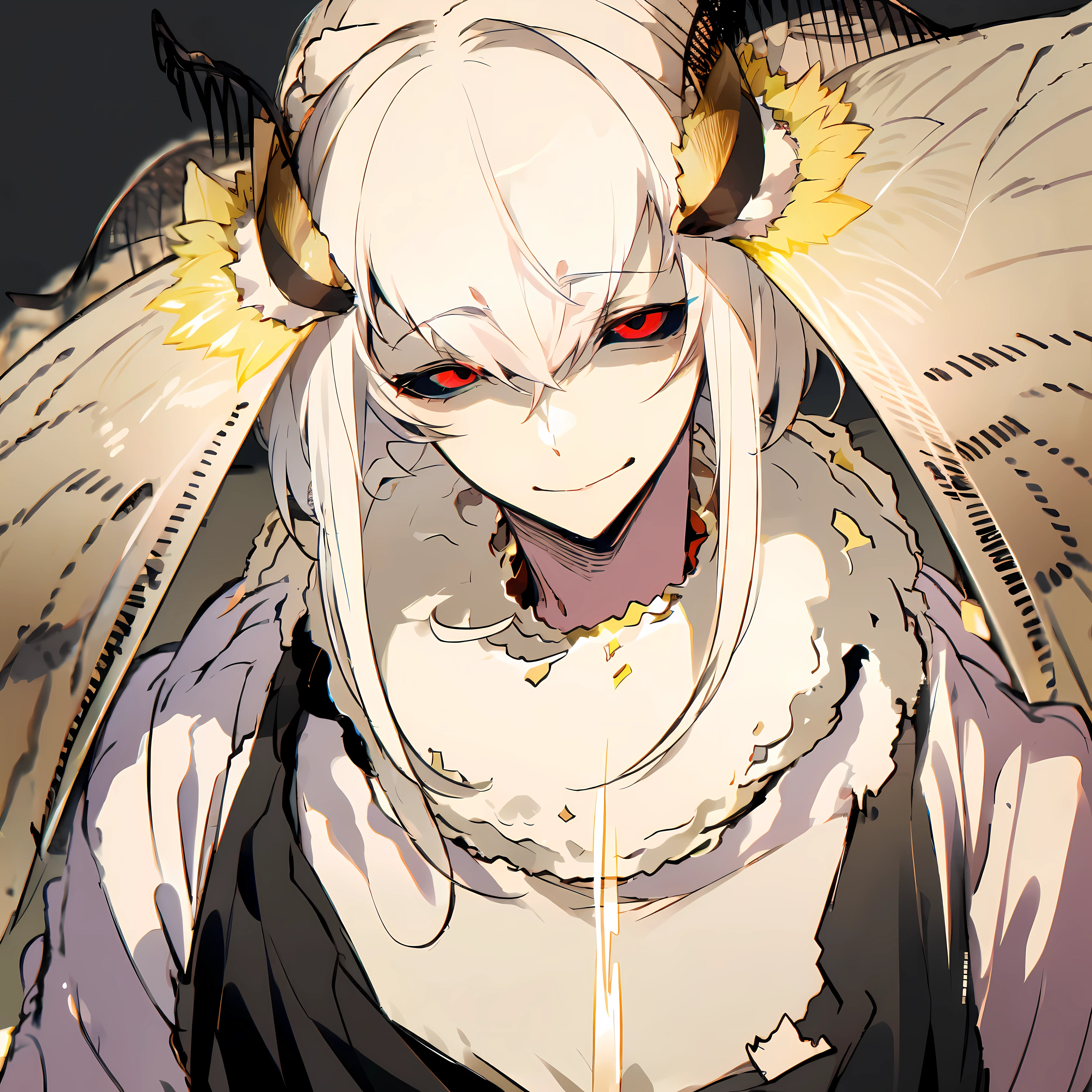 Personaje masculino inspirado en la polilla., hombre joven, albino, pale skin, pelo blanco, ojos ennegrecidos, vibraciones espeluznantes pero lindas, yandere, linda sonrisa, elegante, bishonen, Hermoso hombre, arte pixiv, obra maestra, buena anatomia