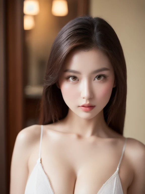 (realistic、masterpiece、Best Quality、8K、highres、high resolution:1.3)、1 girl、Huge breasts、white bikini、pale white skin、looking at viewers、super fine face and eyes、long hair、indoor、 upper body、