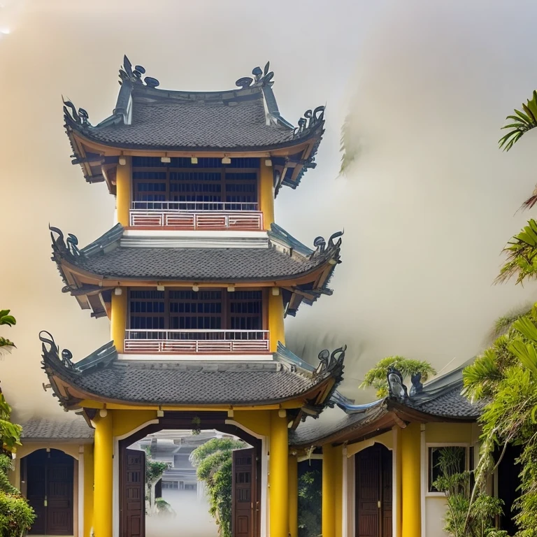 Raw photo,Masterpiece, high quality, best quality, authentic, super detail, soft lighting, high quality,
exterior, oudoor, blue sky, fog, Vietnamese communal houses and pagodas,vivid colour, (realistic:1.2)