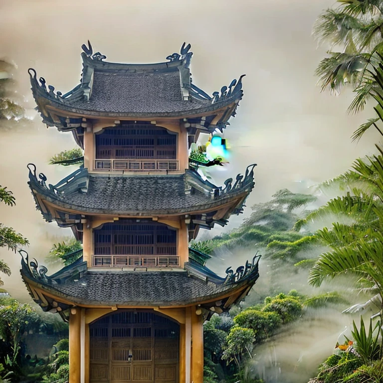 Raw photo,Masterpiece, high quality, best quality, authentic, super detail, soft lighting, high quality,
exterior, oudoor, blue sky, fog, Vietnamese communal houses and pagodas,vivid colour, (realistic:1.2)