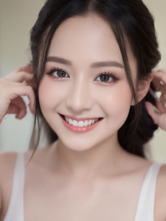 (realistic、masterpiece、Best Quality、8K、highres、high resolution:1.3)、1 girl、Huge breasts、smile, white bikini、pale white skin、looking at viewers、super fine face and eyes、long hair、indoor、 upper body、