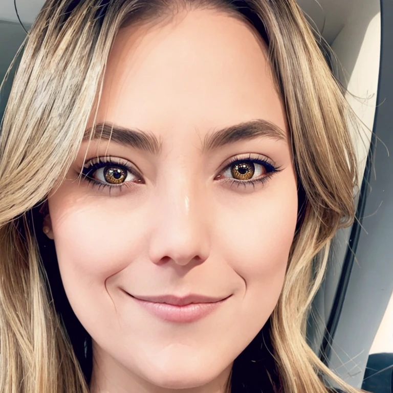 Depict a woman whose face radiates composed confidence and accessible grace. Her deep-set, attention-commanding eyes are framed by naturally full lashes, with clear, bright whites that emphasize the dark irises. Well-groomed eyebrows arch with precision above her eyes, complementing a smooth, unlined forehead. The structure of her nose is refined, contributing to the symmetrical balance of her facial features. Her lips have a natural fullness with a soft cupid's bow, curving into a tender semi-smile. The delicate strength of her jawline transitions smoothly to a well-proportioned chin. Her complexion is even and radiant, warmed by an undercurrent of vitality. Her light, wavy hair casually crosses her forehead, softly framing her face and completing her self-assured, yet inviting visage