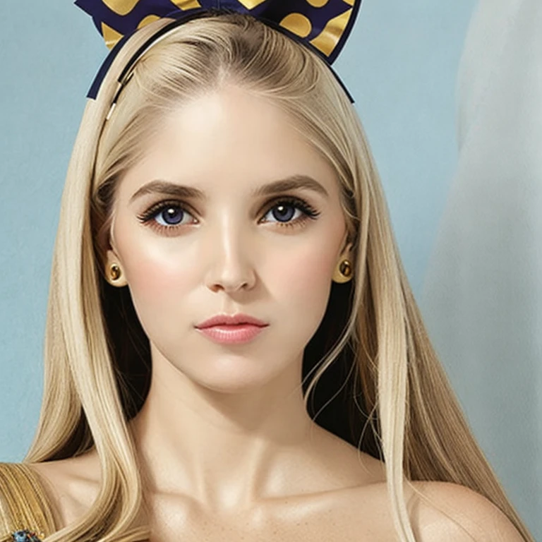 Depict a woman with an engaging and thoughtful expression. Her almond-shaped eyes, rich with expression, should lock warmly with the viewer, accentuated by neatly arched eyebrows. Her mouth is poised in a gentle smile with soft, symmetrically shaped lips. Her straight nose is elegantly proportioned to her face, complementing her tranquil expression. While her ears are tucked behind strands of straight, blonde hair, a light blue bow adorns her head, introducing a playful element. The portrait should capture her serene demeanor and the subtlety of her features in a realistic and flattering light.