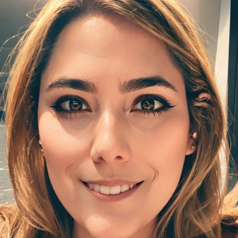 Depict a woman whose face radiates composed confidence and accessible grace. Her deep-set, attention-commanding eyes are framed by naturally full lashes, with clear, bright whites that emphasize the dark irises. Well-groomed eyebrows arch with precision above her eyes, complementing a smooth, unlined forehead. The structure of her nose is refined, contributing to the symmetrical balance of her facial features. Her lips have a natural fullness with a soft cupid's bow, curving into a tender semi-smile. The delicate strength of her jawline transitions smoothly to a well-proportioned chin. Her complexion is even and radiant, warmed by an undercurrent of vitality. Her light, wavy hair casually crosses her forehead, softly framing her face and completing her self-assured, yet inviting visage