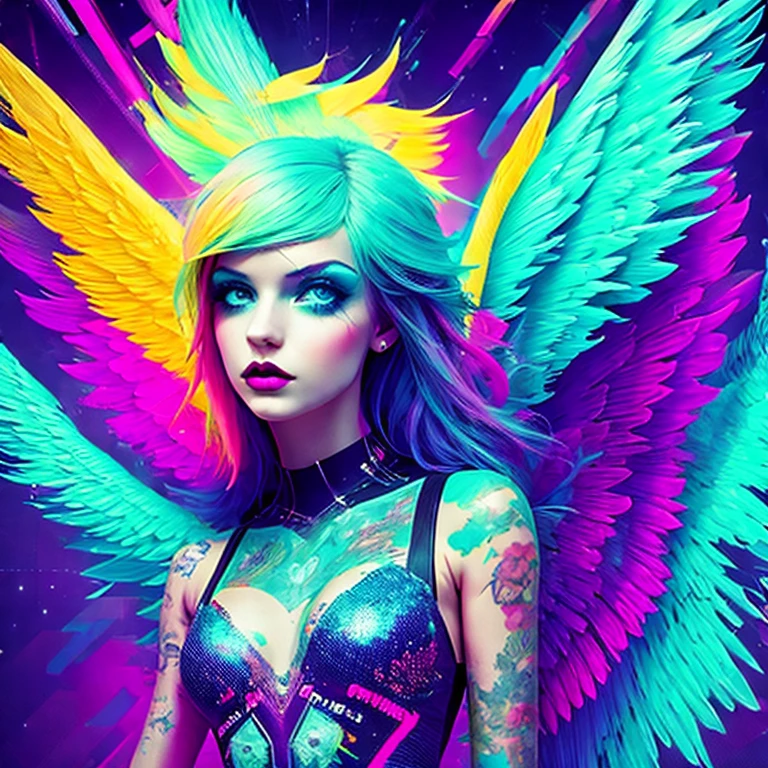 (masterpiece, best quality:1.2), 1girl, solo, angel, Glitch art, Bright colors