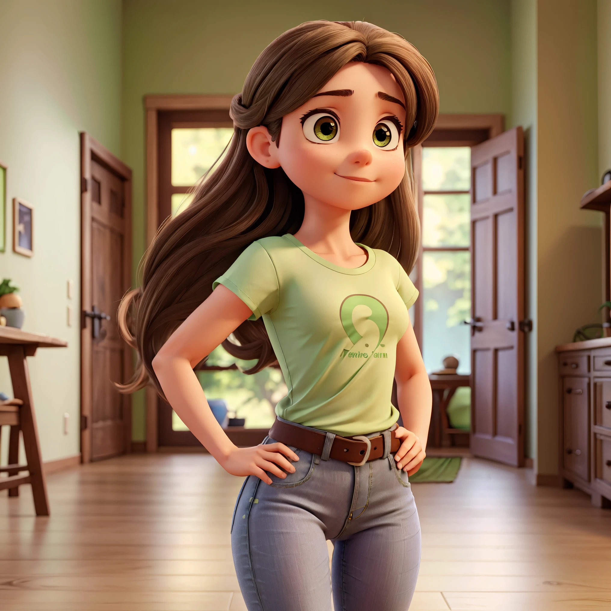 1woman, small breasts, tiny waist, big ass,  wearing light green t-shirt, wearing gray jeans, brown hair, long hair, brown eyes, hair covering one eye, brown eyes, ass focus, grabbing own ass, standing in room