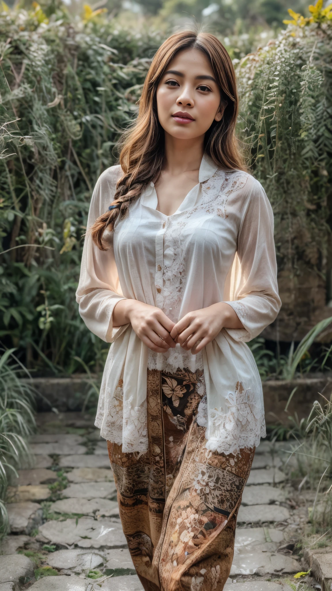 (best quality,highres,realistic:1.37),Portrait,Close-up,Girl from Javanese village with buned bangs, wearing kebaya, walking in the rice field, on a bright morning,traditional attire,elegant,serene face,sparkling brown eyes,delicate curls,khaki kebaya adorned with intricate floral patterns,glossy fabrics,flawlessly braided hair,gleaming in the sunlight,dewdrops on the crops,verdant greenery,resplendent sunrise painting the sky in shades of pink and orange,gentle breeze caressing her face,beautifully handcrafted traditional accessories,graceful strides,peaceful ambiance,tranquil surroundings,cascading rice terraces,serene beauty of nature,harmony between human and environment,vibrant bird songs,scenic vista,ethereal light permeating the atmosphere,pure,soft daylight casting a warm glow,dew-kissed landscape,joyful chorus of frogs,aesthetic harmony between the girl and her surroundings,natural tranquility,enchanting portrait encapsulating the essence of Javanese culture.