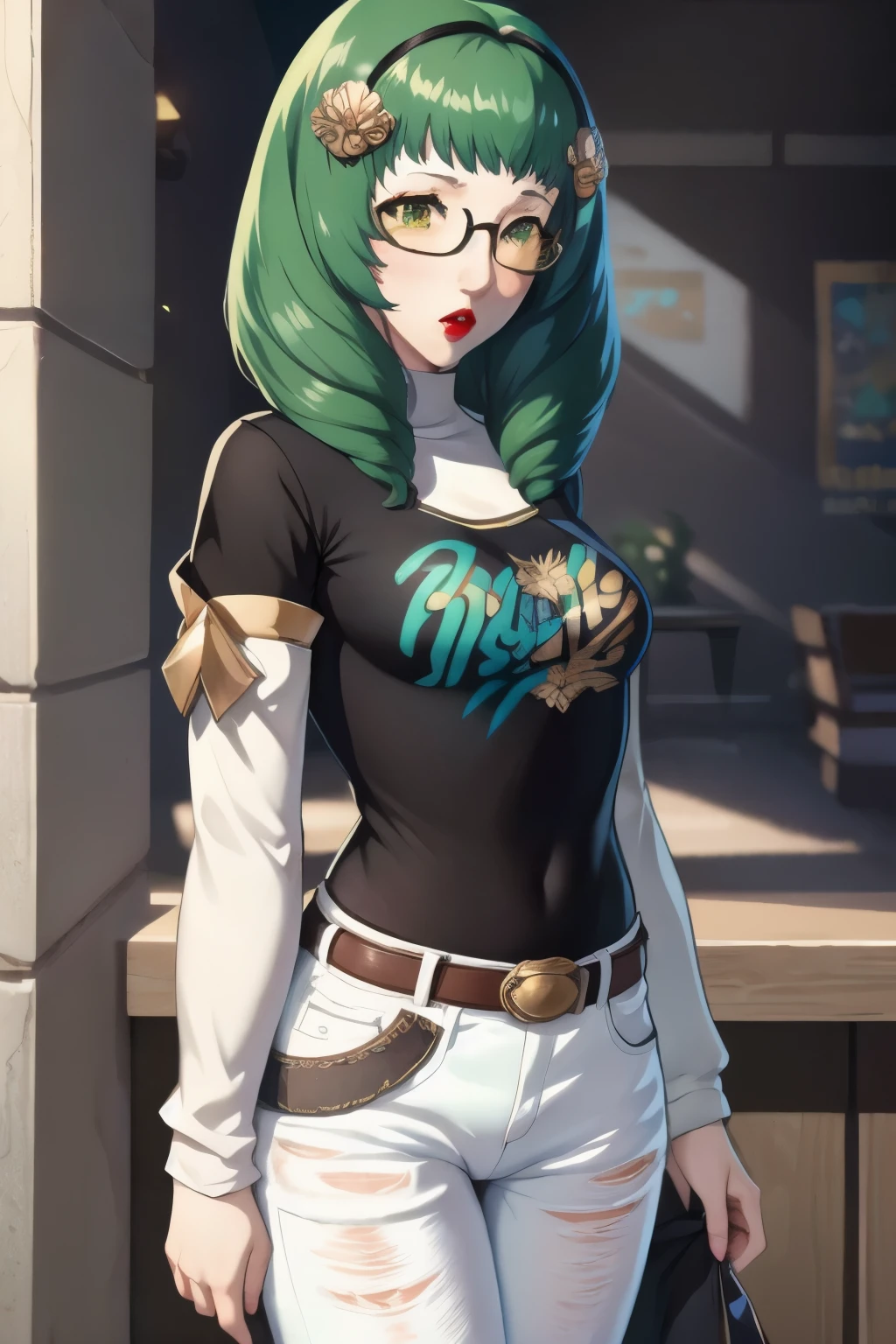 masterpiece, best quality, flayn, hair ornaments, 1girl, solo, standing, black t-shirt, white shirt, jeans, belt, lipstick, eyewear on head, white sleeves, layered sleeves