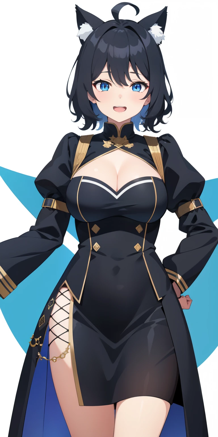 on lap,((((upright)))), ((((stand up)))), looking at the viewer, simple background、white background, 1 girl, open your mouth, smile, Virtual YouTuber、with a girl、((highest quality, expensive_solve, clear_image)),(black hair), (black cat ears), (Ahoge), (ridiculously short hair), (wavy hair), (blue eyes),、laughter、very big breasts、((concept art))、((front))、I can see the cleavage、