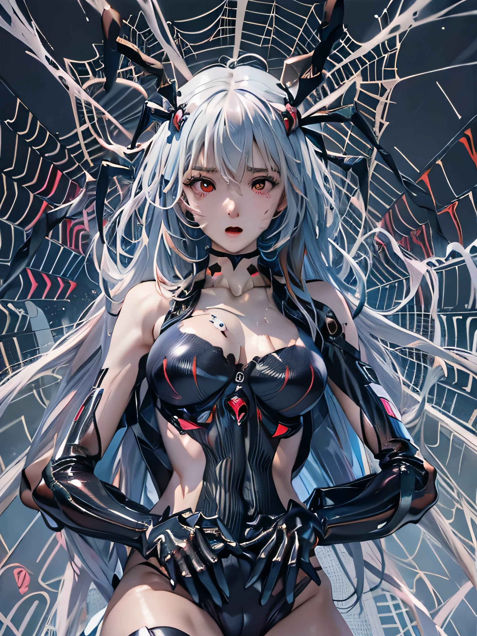 (photorealistic:1.8, highest quality:1.8,8K masterpiece:1.8,High resolution,muste piece:1.8,RAW Photos,cinematic lighting),
cyber punk、spider girl、(Rei Ayanami)、(alternative、dull tone、calm tone:1.3)(1 beauty、Beautiful face in every detail:1.3)(Bewitching Black Spider Tight Suit:1.7)((Moderate chest:1.3)、Arachne tattoo on chest、Arachne:1.2) (look back、squat、raise your hand:1.2)(body fluids attached to the body:1.4)spiderweb、The white body contains Arachne threads.。（elation：1.4）、
(midium Hair:1.2,Beautiful shining blue and white hair:1.5), 
open your mouth、Stoic、
plump nipples、(cameltoe),No split screen,slender abs:1.2,(Young sensual gravure idol)