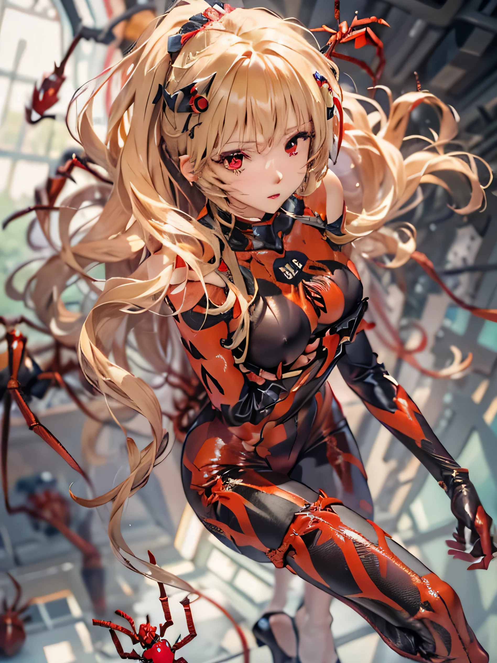 (photorealistic:1.8, highest quality:1.8,8K masterpiece:1.8,High resolution,muste piece:1.8,RAW Photos,cinematic lighting),
cyber punk、spider girl、(Soryu Asuka Langley)、(alternative、dull tone、calm tone:1.3)(1 beauty、Beautiful face in every detail:1.3)(High leg red spider tight suit:1.7)((Moderate chest:1.3)、Arachne tattoo on chest、Arachne:1.2) (look back、squat、raise your hand:1.2)(body fluids attached to the body:1.4)spiderweb、The white body contains Arachne threads.。(elation:1.4)、
(midium Hair:1.2,Beautiful shining blonde hair:1.5),
open your mouth、Stoic、
plump nipples、(cameltoe),No split screen,slender abs:1.2,(Young sensual gravure idol)