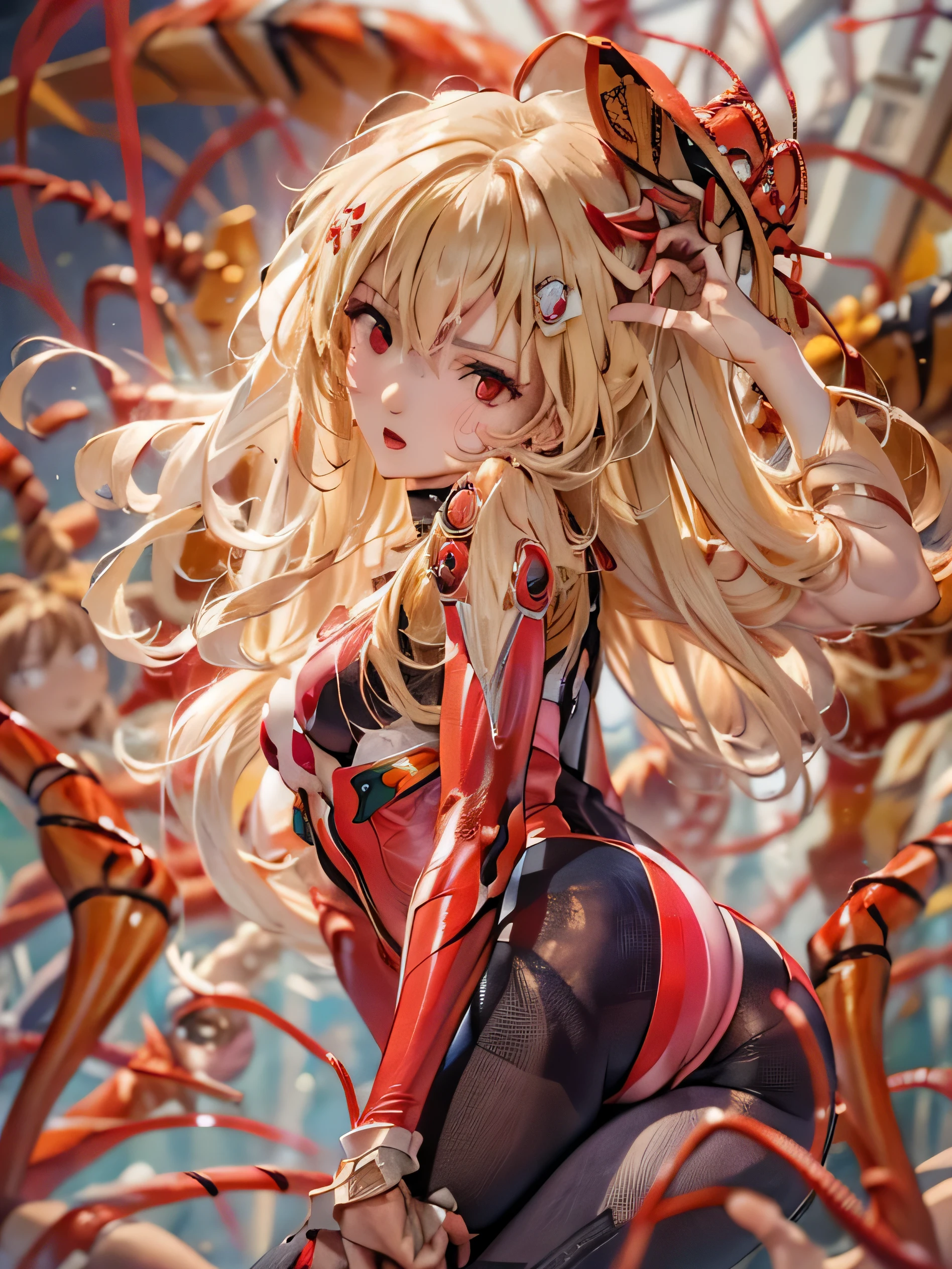 (photorealistic:1.8, highest quality:1.8,8K masterpiece:1.8,High resolution,muste piece:1.8,RAW Photos,cinematic lighting),
cyber punk、spider girl、(Soryu Asuka Langley)、(alternative、dull tone、calm tone:1.3)(1 beauty、Beautiful face in every detail:1.3)(High leg red spider tight suit:1.7)((Moderate chest:1.3)、Arachne tattoo on chest、Arachne:1.2) (look back、squat、raise your hand:1.2)(body fluids attached to the body:1.4)spiderweb、The white body contains Arachne threads.。(elation:1.4)、
(midium Hair:1.2,Beautiful shining blonde hair:1.5),
open your mouth、Stoic、
plump nipples、(cameltoe),No split screen,slender abs:1.2,(Young sensual gravure idol)