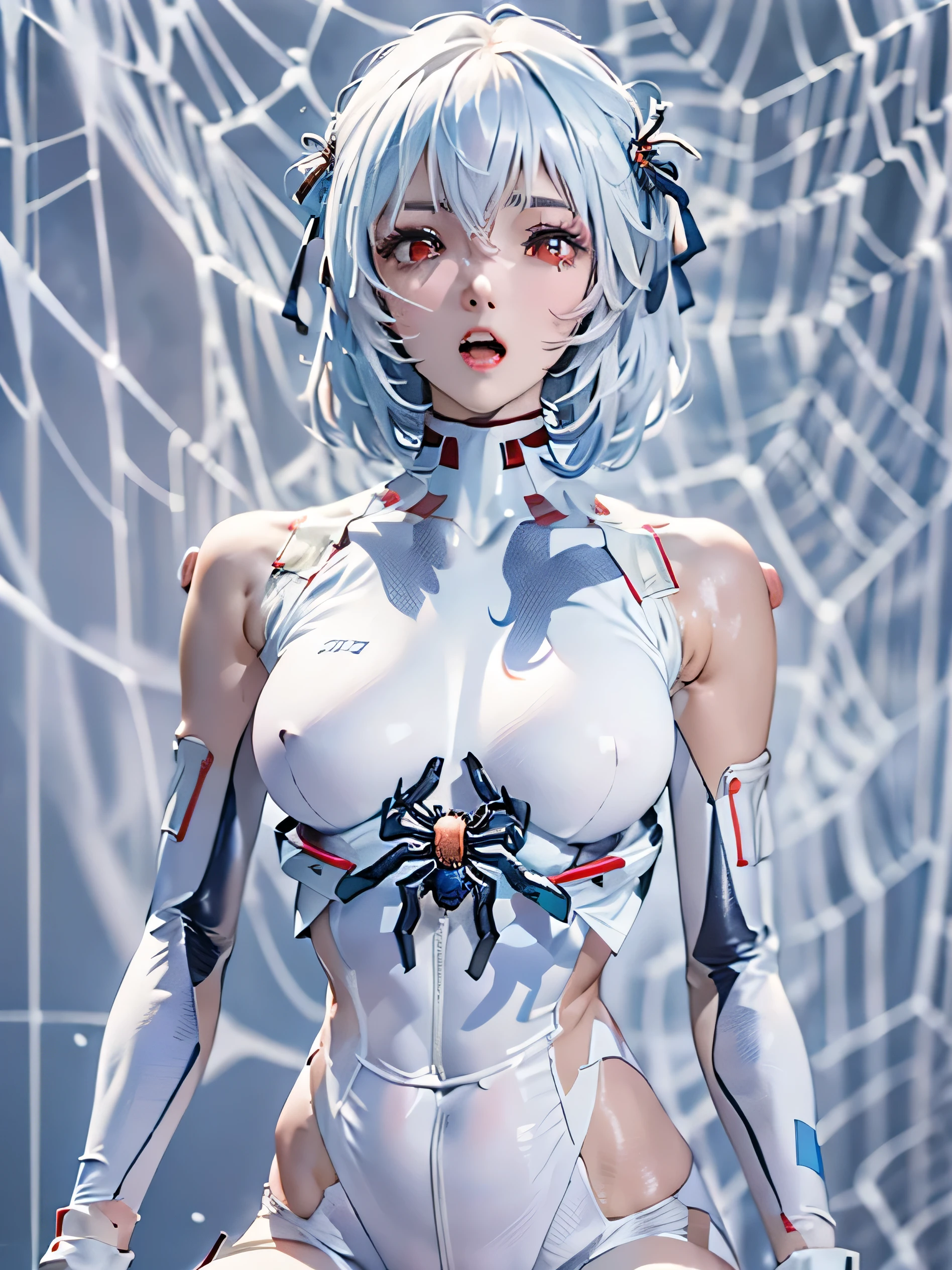 (photorealistic:1.8, highest quality:1.8,8K masterpiece:1.8,High resolution,muste piece:1.8,RAW Photos,cinematic lighting),
cyber punk、spider girl、(Rei Ayanami)、(alternative、dull tone、calm tone:1.3)(1 beauty、Beautiful face in every detail:1.3)(High leg white spider tight suit:1.7)((Moderate chest:1.3)、Arachne tattoo on chest、Arachne:1.2) (look back、squat、raise your hand:1.2)(body fluids attached to the body:1.4)spiderweb、The white body contains Arachne threads.。（elation：1.4）、
(midium Hair:1.2,Beautiful shining blue and white hair:1.5), 
open your mouth、Stoic、
plump nipples、(cameltoe),No split screen,slender abs:1.2,(Young sensual gravure idol)