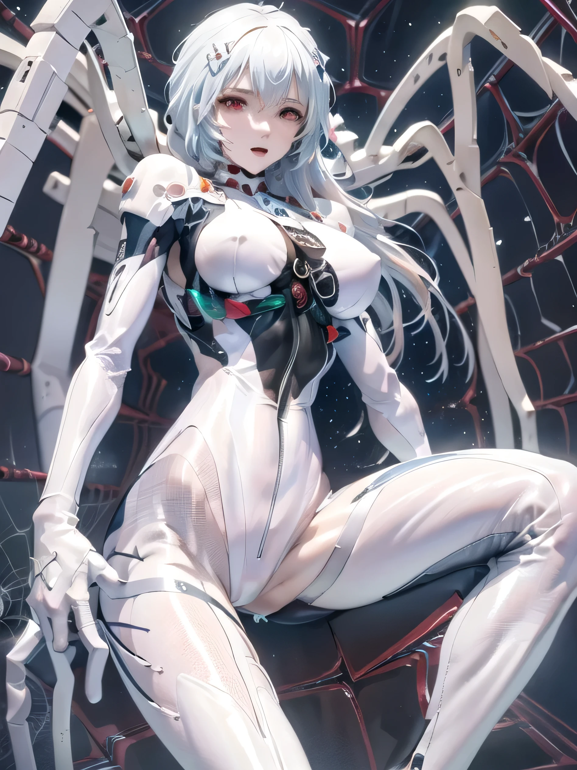 (photorealistic:1.8, highest quality:1.8,8K masterpiece:1.8,High resolution,muste piece:1.8,RAW Photos,cinematic lighting),
cyber punk、spider girl、(Rei Ayanami)、(alternative、dull tone、calm tone:1.3)(1 beauty、Beautiful face in every detail:1.3)(High leg white spider tight suit:1.7)((Moderate chest:1.3)、Arachne tattoo on chest、Arachne:1.2) (look back、squat、raise your hand:1.2)(body fluids attached to the body:1.4)spiderweb、The white body contains Arachne threads.。(elation:1.4)、
(midium Hair:1.2,Beautiful shining blue and white hair:1.5),
open your mouth、Stoic、
plump nipples、(cameltoe),No split screen,slender abs:1.2,(Young sensual gravure idol)