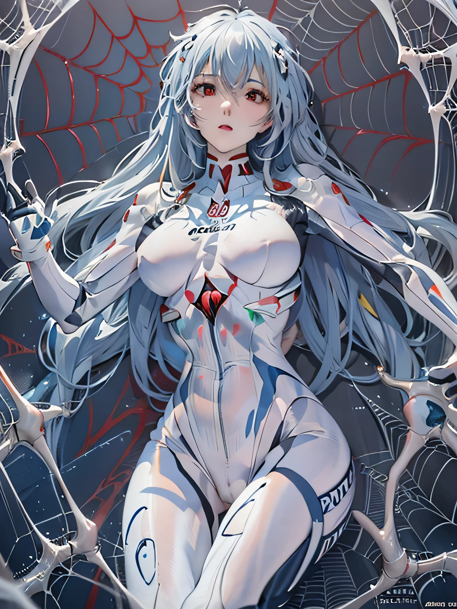 (photorealistic:1.8, highest quality:1.8,8K masterpiece:1.8,High resolution,muste piece:1.8,RAW Photos,cinematic lighting),
cyber punk、spider girl、(Rei Ayanami)、(alternative、dull tone、calm tone:1.3)(1 beauty、Beautiful face in every detail:1.3)(High leg white spider tight suit:1.7)((Moderate chest:1.3)、Arachne tattoo on chest、Arachne:1.2) (look back、squat、raise your hand:1.2)(body fluids attached to the body:1.4)spiderweb、The white body contains Arachne threads.。(elation:1.4)、
(midium Hair:1.2,Beautiful shining blue and white hair:1.5),
open your mouth、Stoic、
plump nipples、(cameltoe),No split screen,slender abs:1.2,(Young sensual gravure idol)