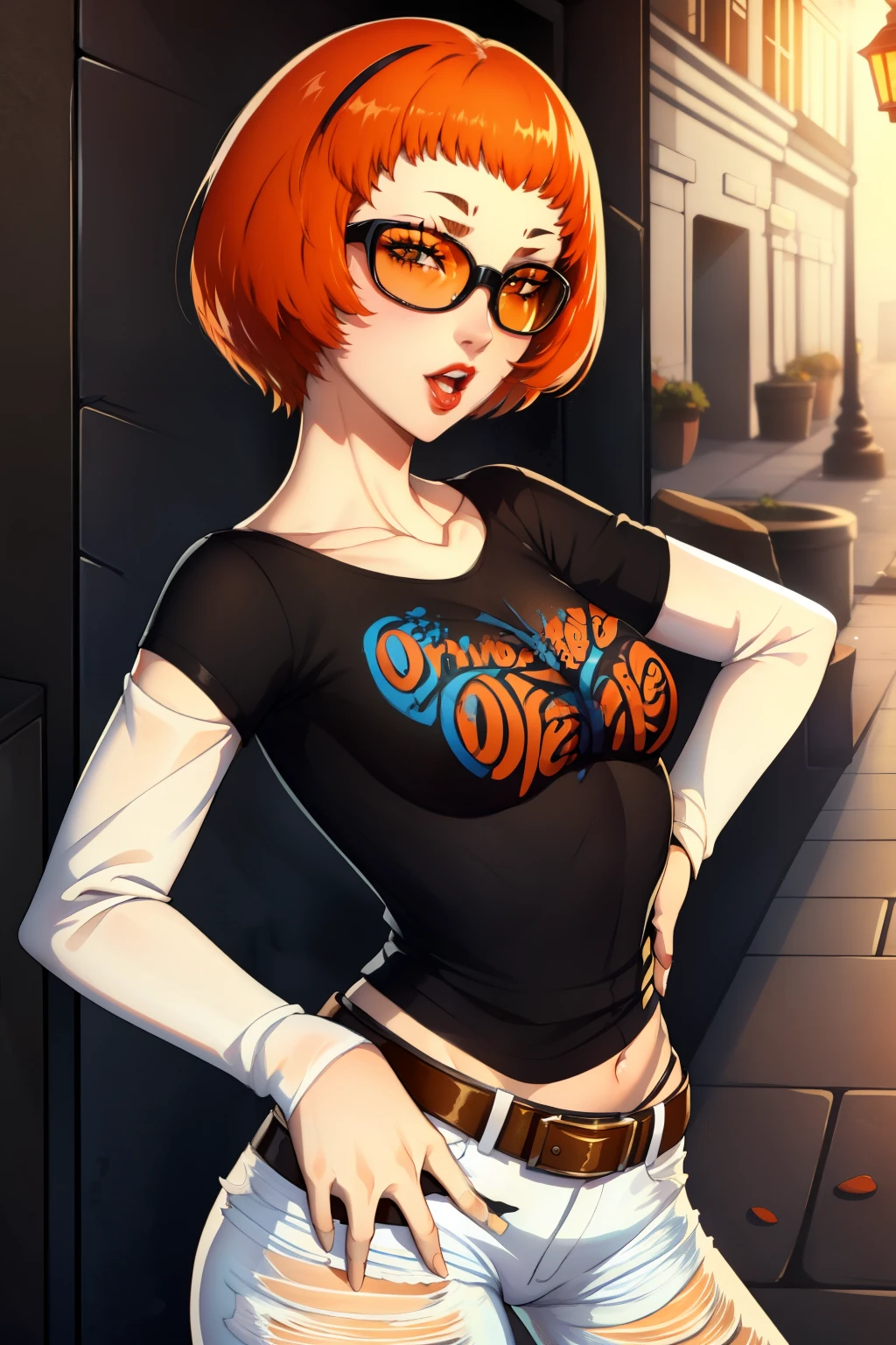 leonie pinelli, orange hair ,short hair ,1girl, solo, standing, black t-shirt, white shirt, blue jeans, belt, lipstick, eyewear on head,