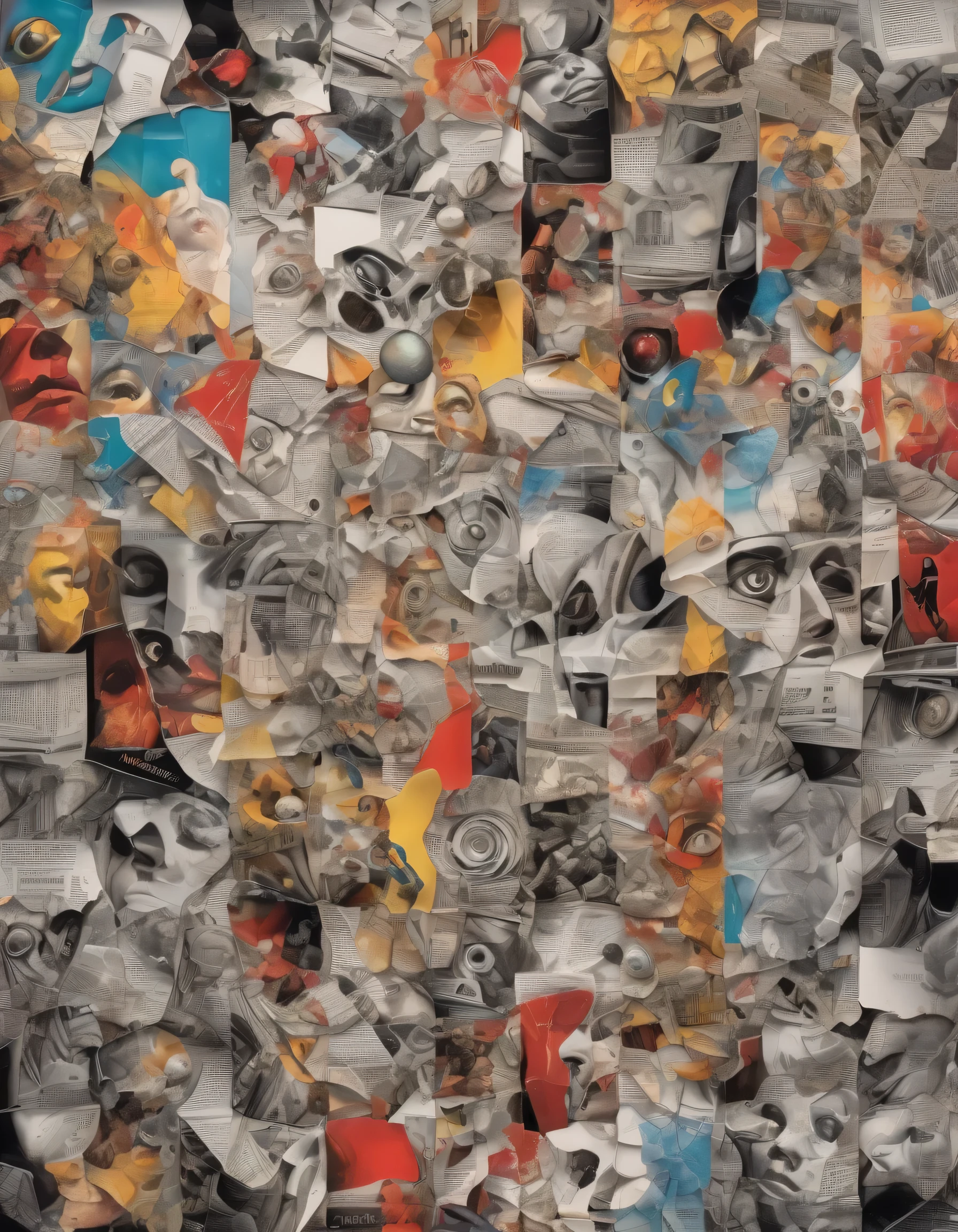 Hyper-realistic ultra beautiful surreal painted amalgam of bodies with other surreal torn pages from vintage magazines, parts of these bodies are replaced by cubist modern art, all the sensitive parts of the bodies are blurred, cloudy background, Da Da vintage style, Super-detailed, Studio Quality, 48k / HD, Normal Contrast, hyper Realistic Shadows, octane Rendering, Sharp Focus