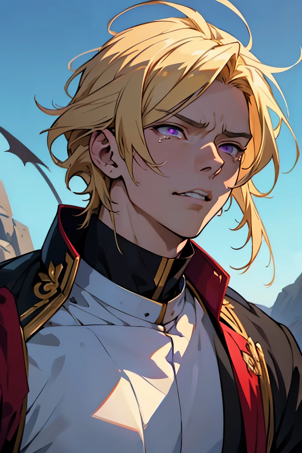 anime - scared face, shocked face, crying face, scared, tears, mouth open, screams, squinting, screaming, looking at the sky, looking up, style image of a young prince with purple eyes and blonde hair, blonde hair, blonde hair, a portrait of a male prince, beautiful male prince, a male prince, portrait of a young prince, handsome guy in demon slayer art, male, young, beautiful androgynous prince, smirk, artwork in the style of guweiz