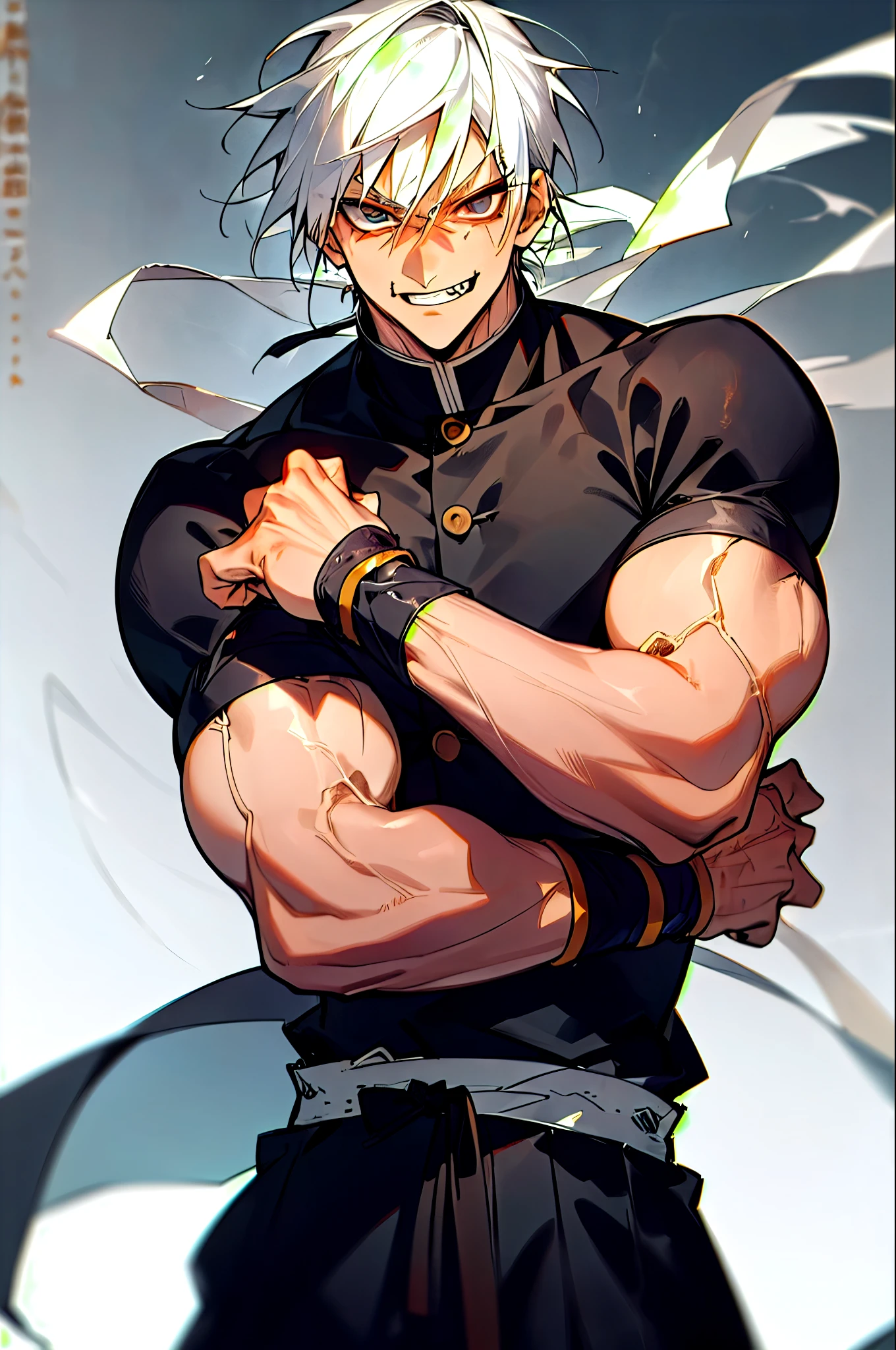 (masterpiece, best quality:1.2),white hair,cowboy shot, solo, male focus, 1boy, fushiguro toji, muscular male, evil grin, looking at viewer, black shirt, short sleeves, pantsRyota is tall and muscular, with a rugged, weather-beaten appearance that speaks to a lifetime of battle-hardened experience. His piercing gaze and stoic demeanor betray a sense of quiet intensity, hinting at the formidable warrior lurking beneath the surface. He dresses in simple, utilitarian attire, favoring dark colors and lightweight armor that allows for maximum mobility in combat.