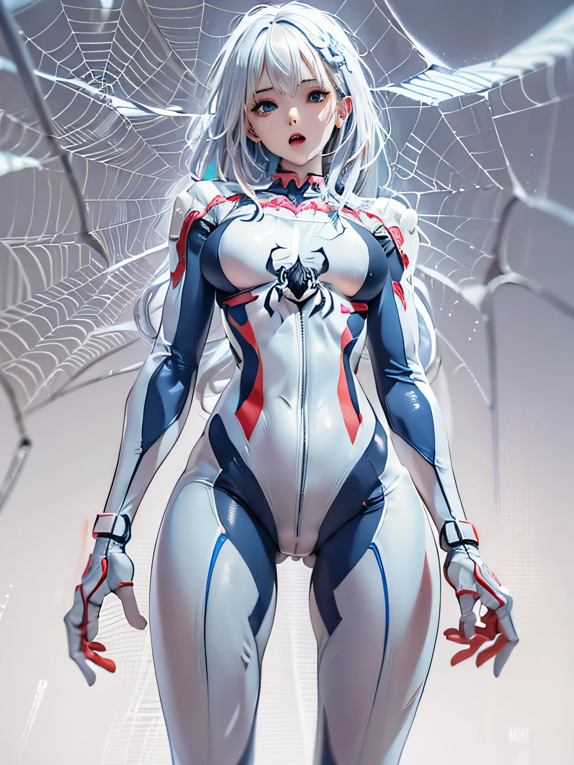 (photorealistic:1.8, highest quality:1.8,8K masterpiece:1.8,High resolution,muste piece:1.8,RAW Photos,cinematic lighting),
cyber punk、spider girl、(Rei Ayanami)、(alternative、dull tone、calm tone:1.3)(1 beauty、Beautiful face in every detail:1.3)(High leg white spider tight suit:1.7)((Moderate chest:1.3)、Arachne tattoo on chest、Arachne:1.2) (look back、squat、raise your hand:1.2)(body fluids attached to the body:1.4)spiderweb、The white body contains Arachne threads.。(elation:1.4)、
(midium Hair:1.2,Beautiful shining blue and white hair:1.5),
open your mouth、Stoic、
plump nipples、(cameltoe),No split screen,slender abs:1.2,(Young sensual gravure idol)