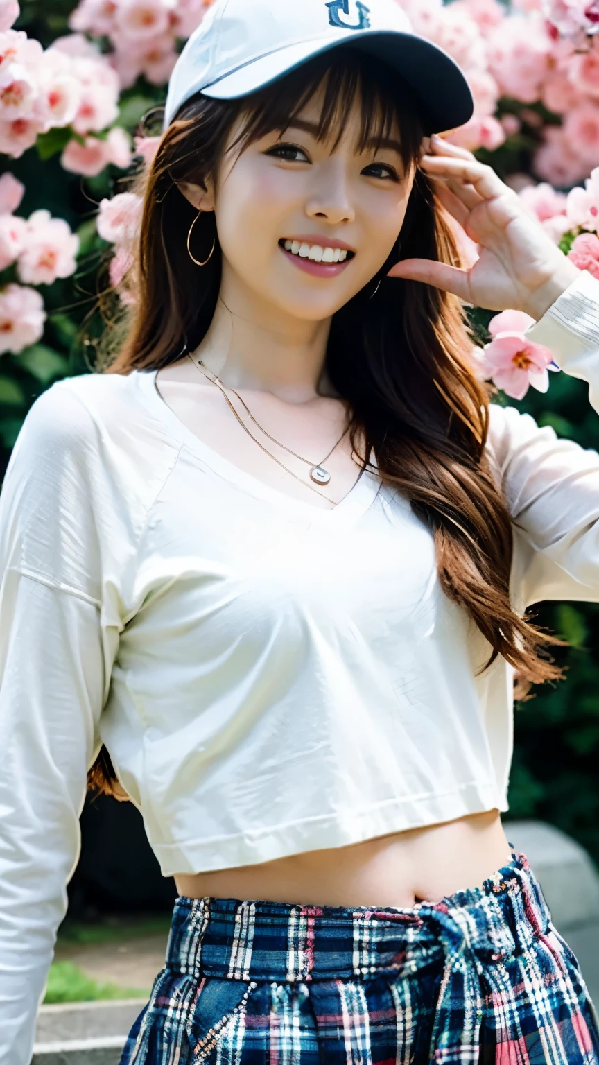 (((perfect anatomy))),Rows of cherry blossom trees in full bloom on the embankment along the river,A 20-year-old idol who looks great in necklaces and earrings,A baseball cap with the brim turned backwards, a V-neck long-sleeved shirt, and loose-fitting baggy pants with a plaid pattern.,She has a cute face with her legs spread to the side and her hands on her hips.,(Raise your chin from above, hahaha!I took a picture of her laughing),best image quality,professional angle of view,excellent details,ultra high resolution,realistic:1.4),high detail,focus on details,High concentration of 1girls,Beautiful chestnut hair braided together,Delicate high nose and glossy lips,beautiful face,Long limbs and a slim waist like a model,The white sneakers stand out against the beautifully toned ankles visible from the short hem.,