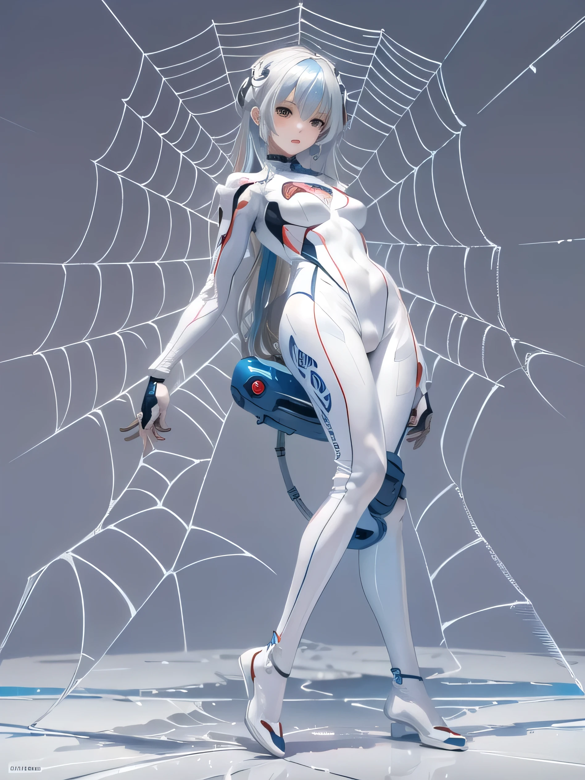 (photorealistic:1.8, highest quality:1.8,8K masterpiece:1.8,High resolution,muste piece:1.8,RAW Photos,cinematic lighting),
cyber punk、spider girl、(Rei Ayanami)、(alternative、dull tone、calm tone:1.3)(1 beauty、Beautiful face in every detail:1.3)(High leg white spider tight suit:1.7)((Moderate chest:1.3)、Arachne tattoo on chest、Arachne:1.2) (look back、squat、raise your hand:1.2)(body fluids attached to the body:1.4)spiderweb、The white body contains Arachne threads.。（elation：1.4）、
(midium Hair:1.2,Beautiful shining blue and white hair:1.5), 
open your mouth、Stoic、
plump nipples、(cameltoe),No split screen,slender abs:1.2,(Young sensual gravure idol)