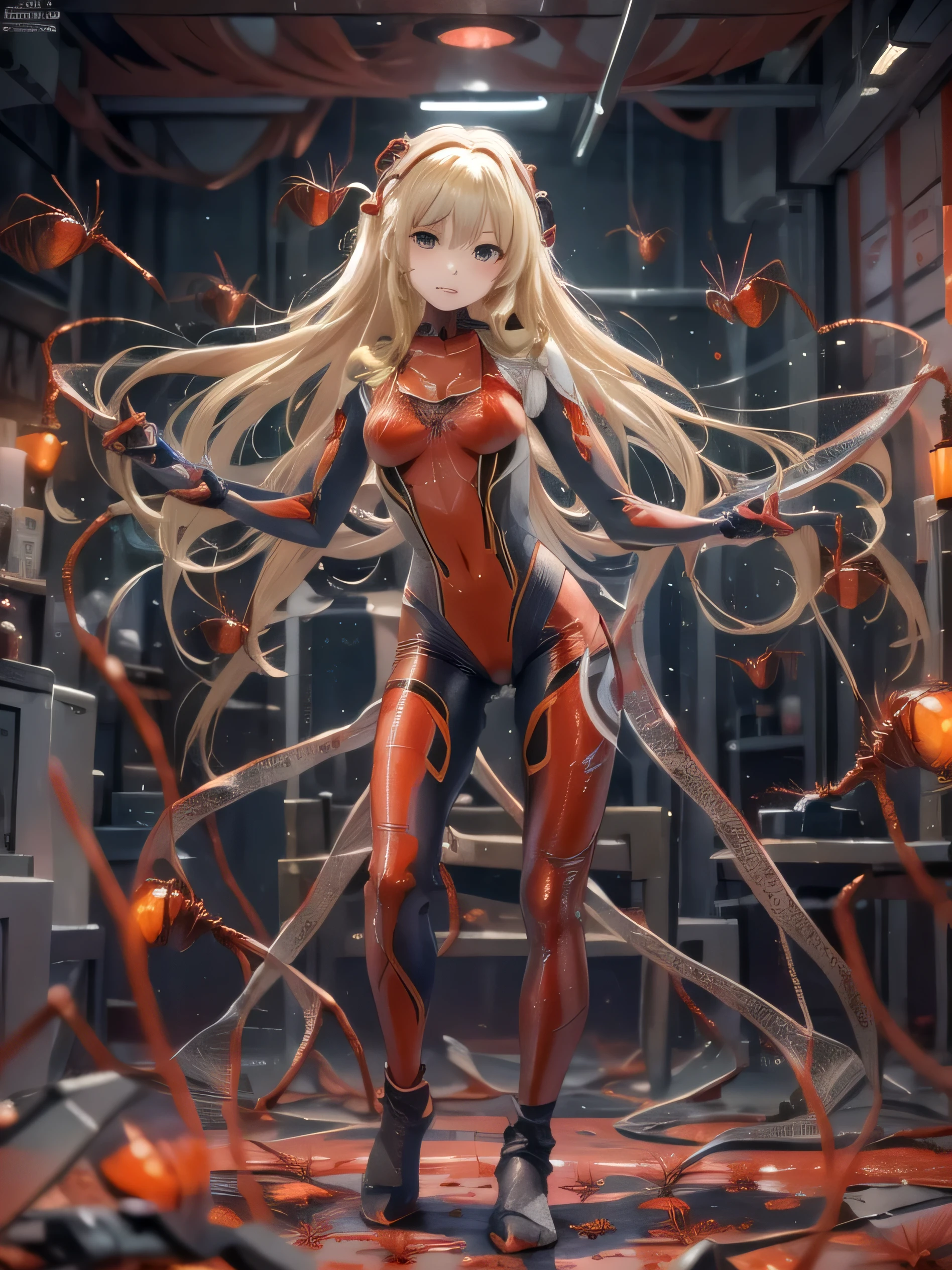 (photorealistic:1.8, highest quality:1.8,8K masterpiece:1.8,High resolution,muste piece:1.8,RAW Photos,cinematic lighting),
cyber punk、spider girl、(Soryu Asuka Langley)、(alternative、dull tone、calm tone:1.3)(1 beauty、Beautiful face in every detail:1.3)(High leg red spider tight suit:1.7)((Moderate chest:1.3)、Arachne tattoo on chest、Arachne:1.2) (look back、squat、raise your hand:1.2)(body fluids attached to the body:1.4)spiderweb、The white body contains Arachne threads.。(elation:1.4)、
(midium Hair:1.2,Beautiful shining blonde hair:1.5),
Stoic、
plump nipples、(cameltoe),No split screen,slender abs:1.2,(Young sensual gravure idol)