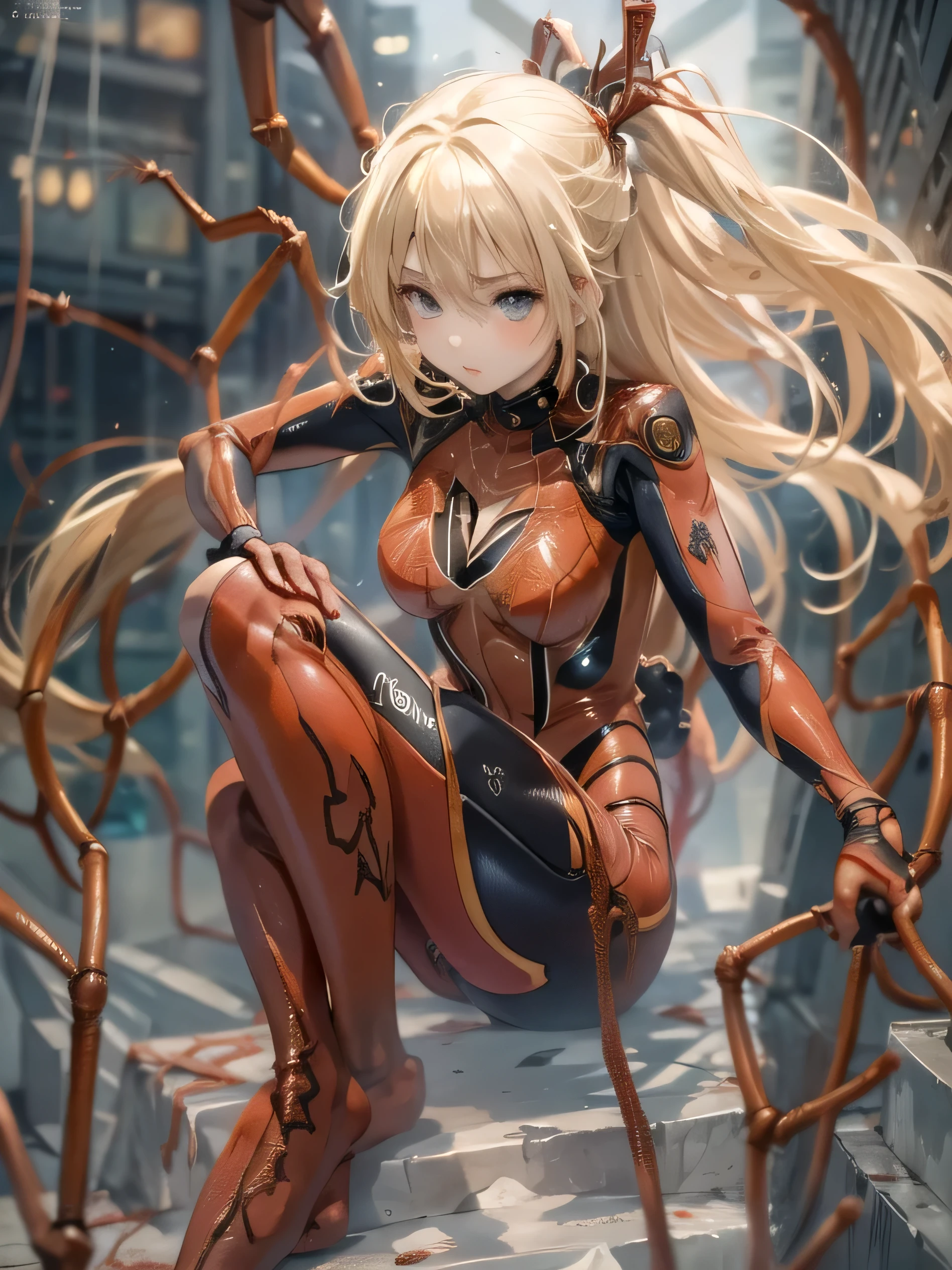 (photorealistic:1.8, highest quality:1.8,8K masterpiece:1.8,High resolution,muste piece:1.8,RAW Photos,cinematic lighting),
cyber punk、spider girl、(Soryu Asuka Langley)、(alternative、dull tone、calm tone:1.3)(1 beauty、Beautiful face in every detail:1.3)(High leg red spider tight suit:1.7)((Moderate chest:1.3)、Arachne tattoo on chest、Arachne:1.2) (look back、squat、raise your hand:1.2)(body fluids attached to the body:1.4)spiderweb、The white body contains Arachne threads.。(elation:1.4)、
(midium Hair:1.2,Beautiful shining blonde hair:1.5),
Stoic、
plump nipples、(cameltoe),No split screen,slender abs:1.2,(Young sensual gravure idol)