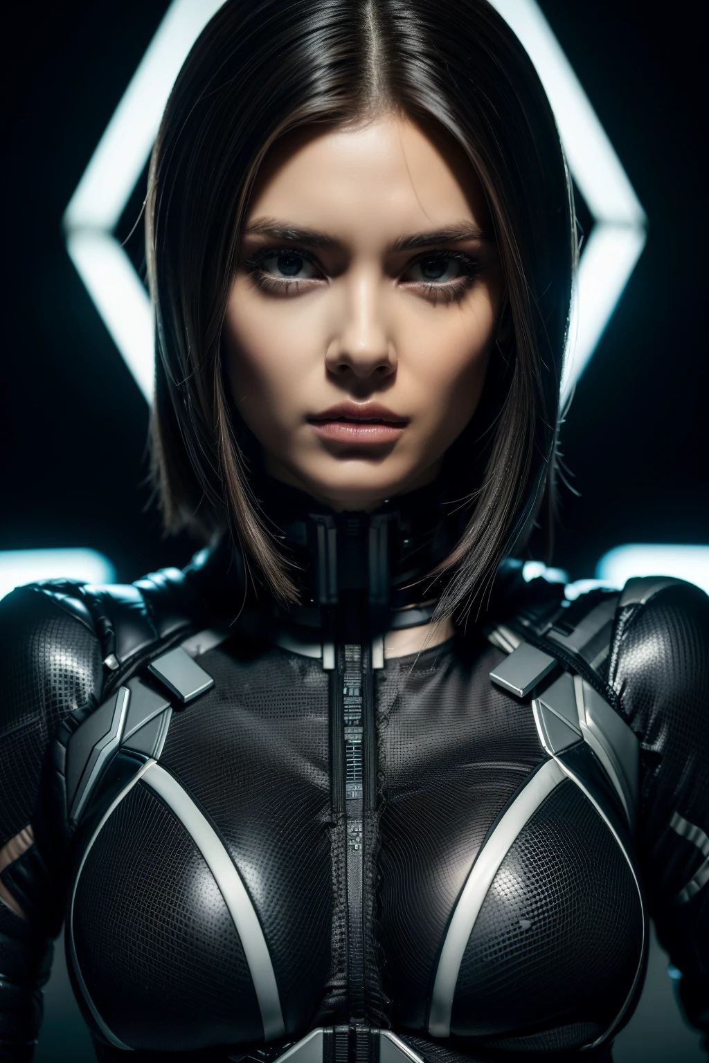 (cybersoldier style aesthetic), bust to waist, (half body), (beauty shape), perfect skin, hyperrealistic masterpiece, in extremely complex & superdetailed black and white plugsuit, cinematic illumination, 8k, symmetrical eyes, realistic, sharp focus, HD, highly detailed, intricate, photography, studio portrait, detailed, dramatic lighting, happy:1,2