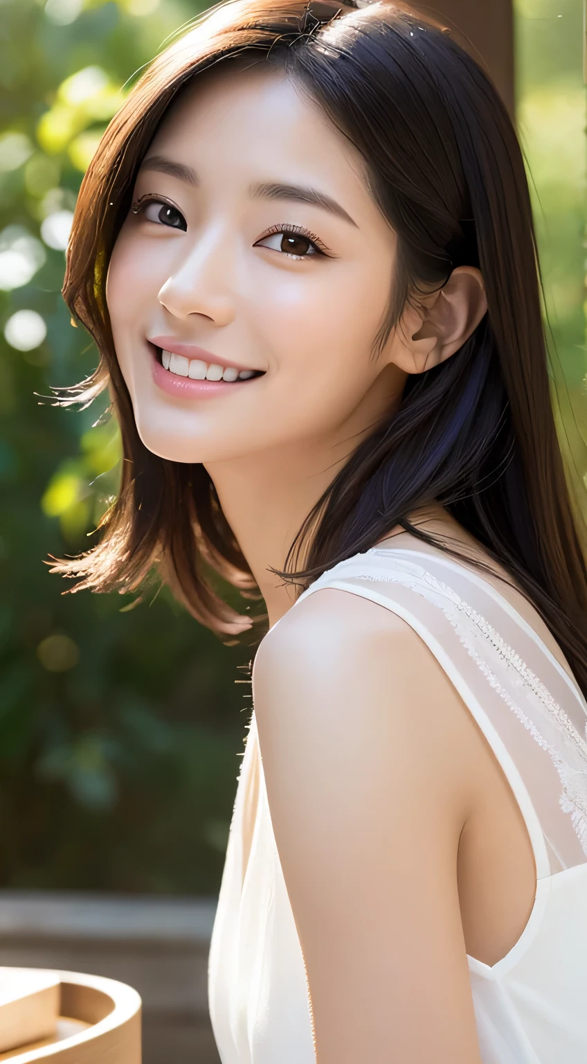 ((8K:1.27)、top-quality、masterpiece、超A high resolution:1.2)Photo Beautiful Japan woman (pleasing:1.1) (white clothes:1.21) Design by Gregg Lutkowski and Alphonse Mucha Intricate Elegance、Fantasia、the detail、Geometry、Gradient lighting、1girl in、26 year old、Delicate skin、looking at the spectator、Brown-eyed、(short flaxen hair:1.2)、(very large breast:1.0)、(medium areola:0.8)、(Photorealsitic:1.4)、(top-quality:1.0)、(超A high resolution:1.0)、(without hands:1.0)、8K、Raw photography、 (Representative songs: 0.2), (pureerosface_v1:0.5)、cafes、Tight clothes、tote bags、Sleeveless、Onepiece、see -through、Very short hairstyle、Okappa、laugh、Naughty face、