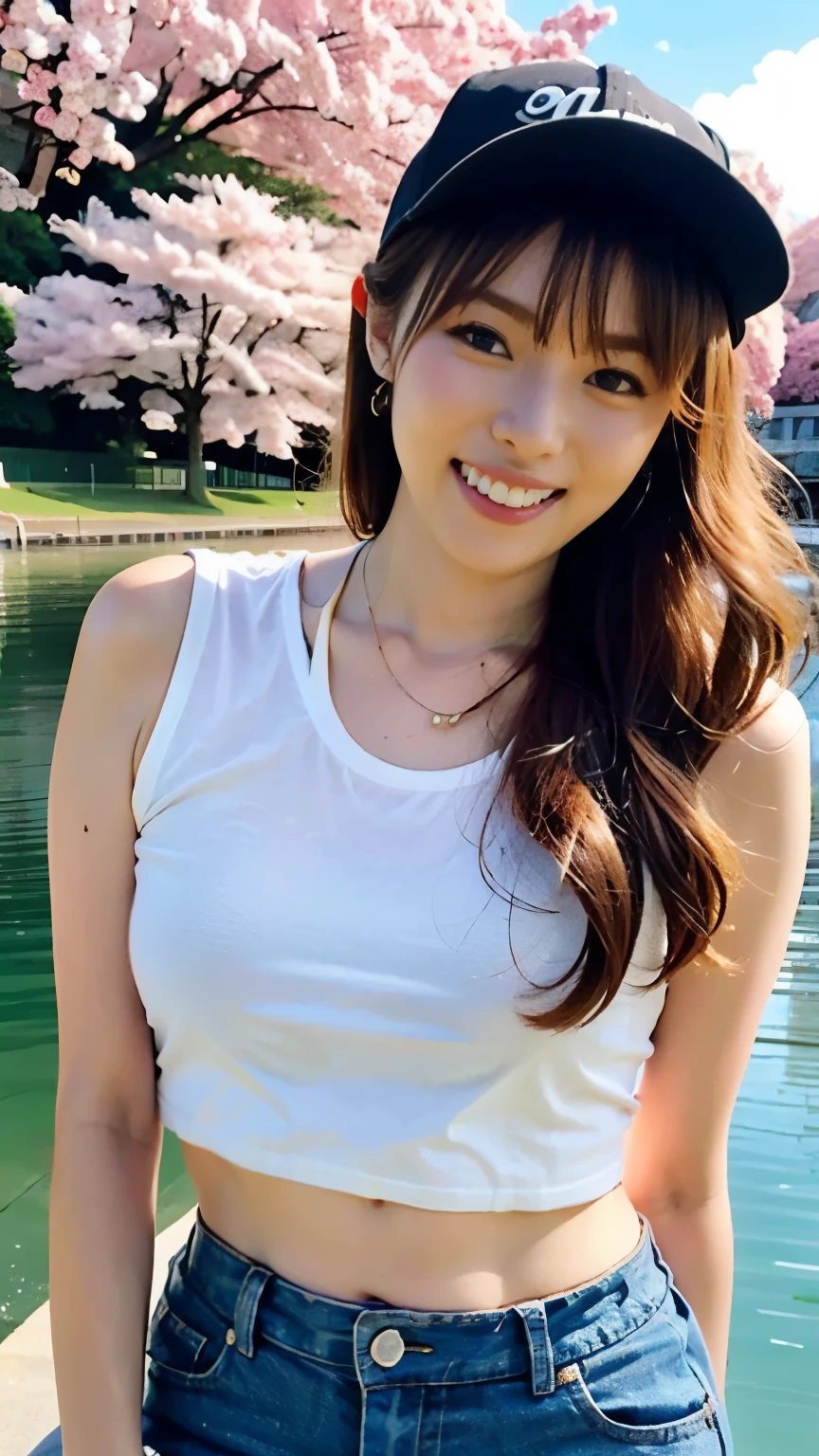 (((perfect anatomy))),A row of cherry blossom trees in full bloom on the embankment along the beautiful river,A 20-year-old idol who looks great in necklaces and earrings,A men&#39;s Y-shirt with a baseball cap on backwards and checkered baggy pants.,She has a cute face with her legs spread to the side and her hands on her hips.,(From above the front hahaha！I took a picture of her laughing),best image quality,professional angle of view,excellent details,ultra high resolution,realistic:1.4),high detail,focus on details,High concentration of 1girls,Beautiful chestnut hair braided together,Delicate high nose and glossy lips,beautiful face,Long limbs and a slim waist like a model,The white sneakers stand out against the beautifully toned ankles visible from the short hem.,
