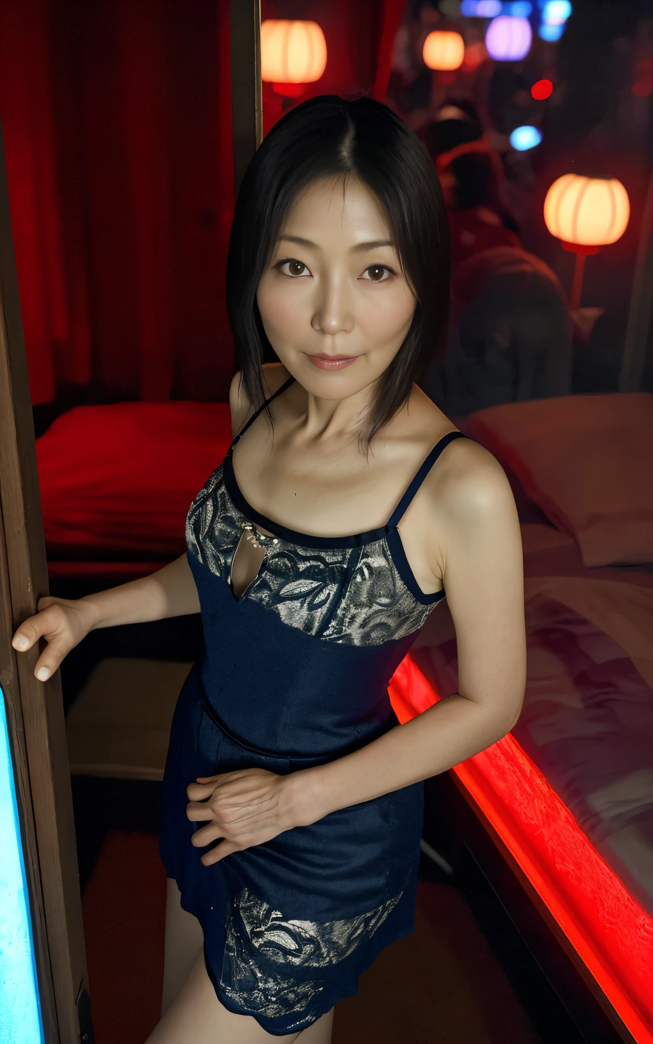 48 years old Japan、beautiful mature lady、Touching the crotch、(stare at the viewer without expression)、Prostitutes、looking at the viewers、、realisitic、cowboy  shot、Narrow and cramped room、Camisole、、Japan's Red Light District、((((Prostitutes))))、(deep in the night)、(Night view from the window)