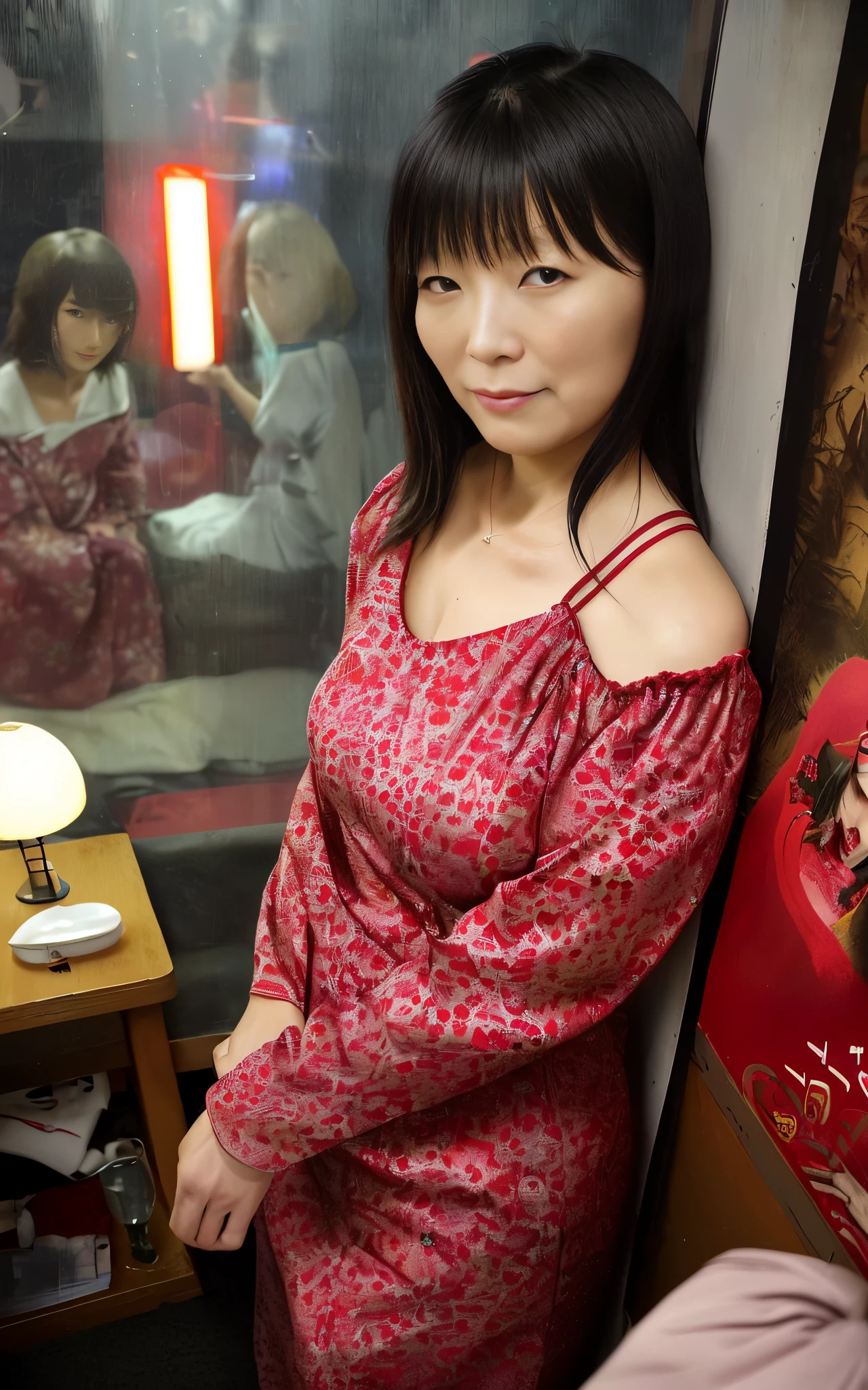 48 years old Japan, beautiful mature lady, beautiful face, Touching the crotch, (stare at the viewer without expression), Prostitutes, looking at the viewers, realisitic, cowboy shot, Narrow and cramped room、Camisole, Japan's Red Light District, ((((Prostitutes)))), (deep in the night), (Night view from the window)