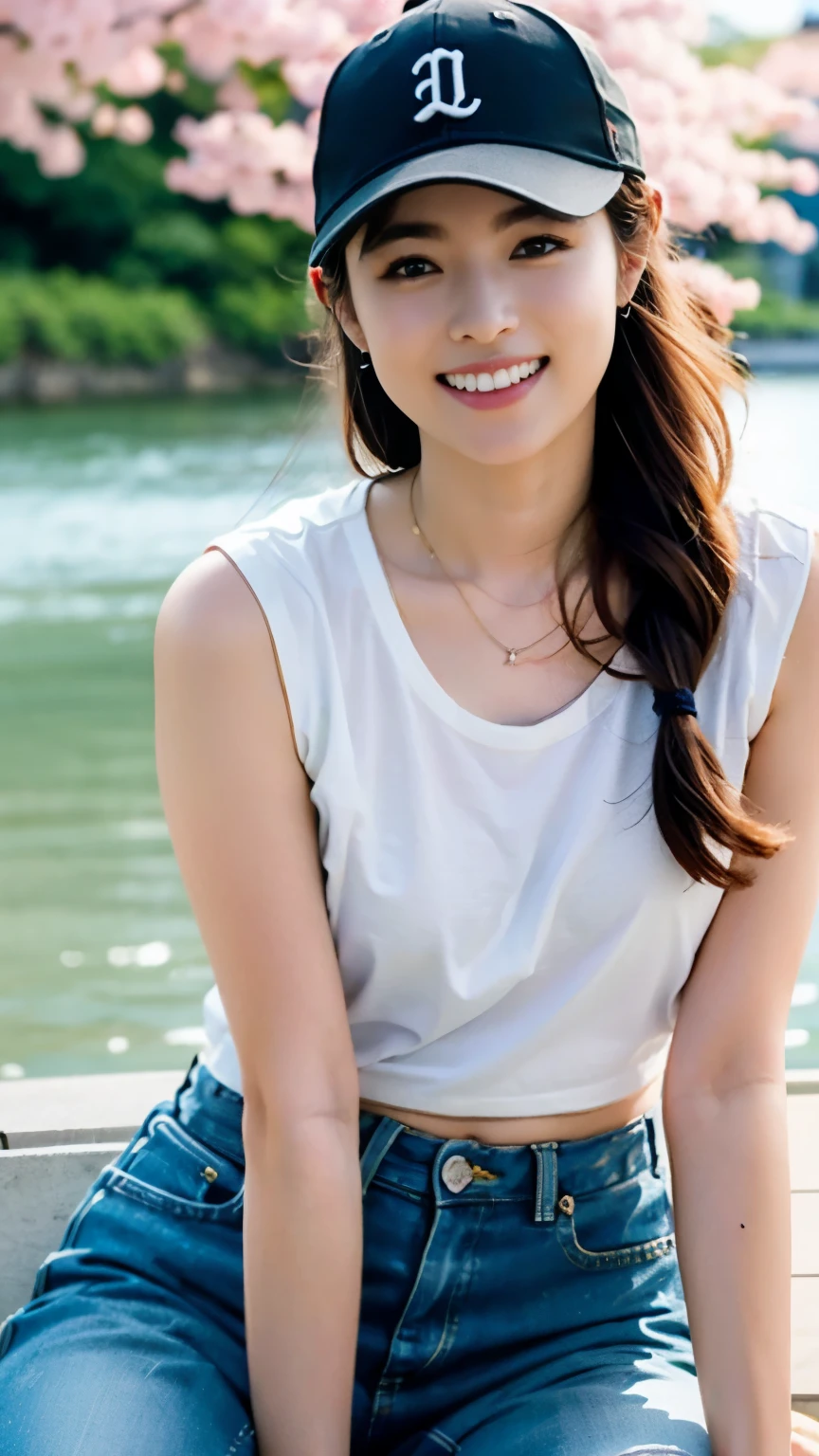 (((perfect anatomy))),A row of cherry blossom trees in full bloom on the embankment along the beautiful river,A 20-year-old idol who looks great in necklaces and earrings,A men's Y-shirt with a baseball cap on backwards and checkered baggy pants.,She has a cute face with her legs spread to the side and her hands on her hips.,(From above the front hahaha!I took a picture of her laughing),best image quality,professional angle of view,excellent details,ultra high resolution,realistic:1.4),high detail,focus on details,High concentration of 1girls,Beautiful chestnut hair braided together,Delicate high nose and glossy lips,beautiful face,Long limbs and a slim waist like a model,The white sneakers stand out against the beautifully toned ankles visible from the short hem.,