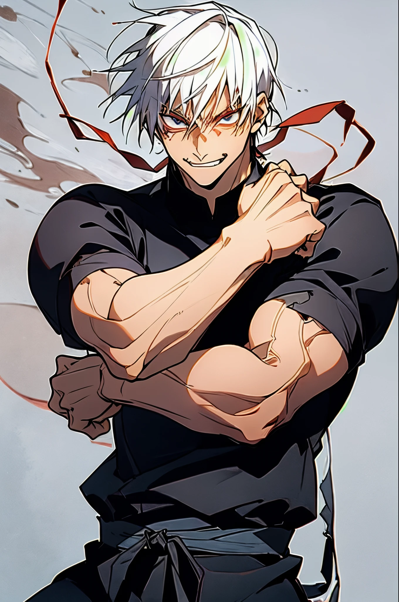 (masterpiece, best quality:1.2),white hair,cowboy shot, solo, male focus, 1boy, fushiguro toji, muscular male, evil grin, looking at viewer, black shirt, short sleeves, pantsRyota is tall and muscular, with a rugged, weather-beaten appearance that speaks to a lifetime of battle-hardened experience. His piercing gaze and stoic demeanor betray a sense of quiet intensity, hinting at the formidable warrior lurking beneath the surface. He dresses in simple, utilitarian attire, favoring dark colors and lightweight armor that allows for maximum mobility in combat.