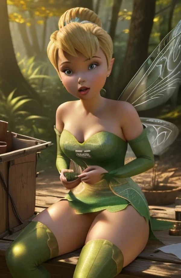 masterpiece, 8k, perfect ligthing, , adult, female, looking at viewer, cinematic lighting, (TinkerBell:1.5), single hair bun, (green clothes), ((clothes made from leaves)), (fairy wings:1.2), pointy ears, blue eyes, (detailled eyes:1.2), tinkering in the forest, (tinkering:1.6), Short skirt, deep cleavage, beautiful feet,