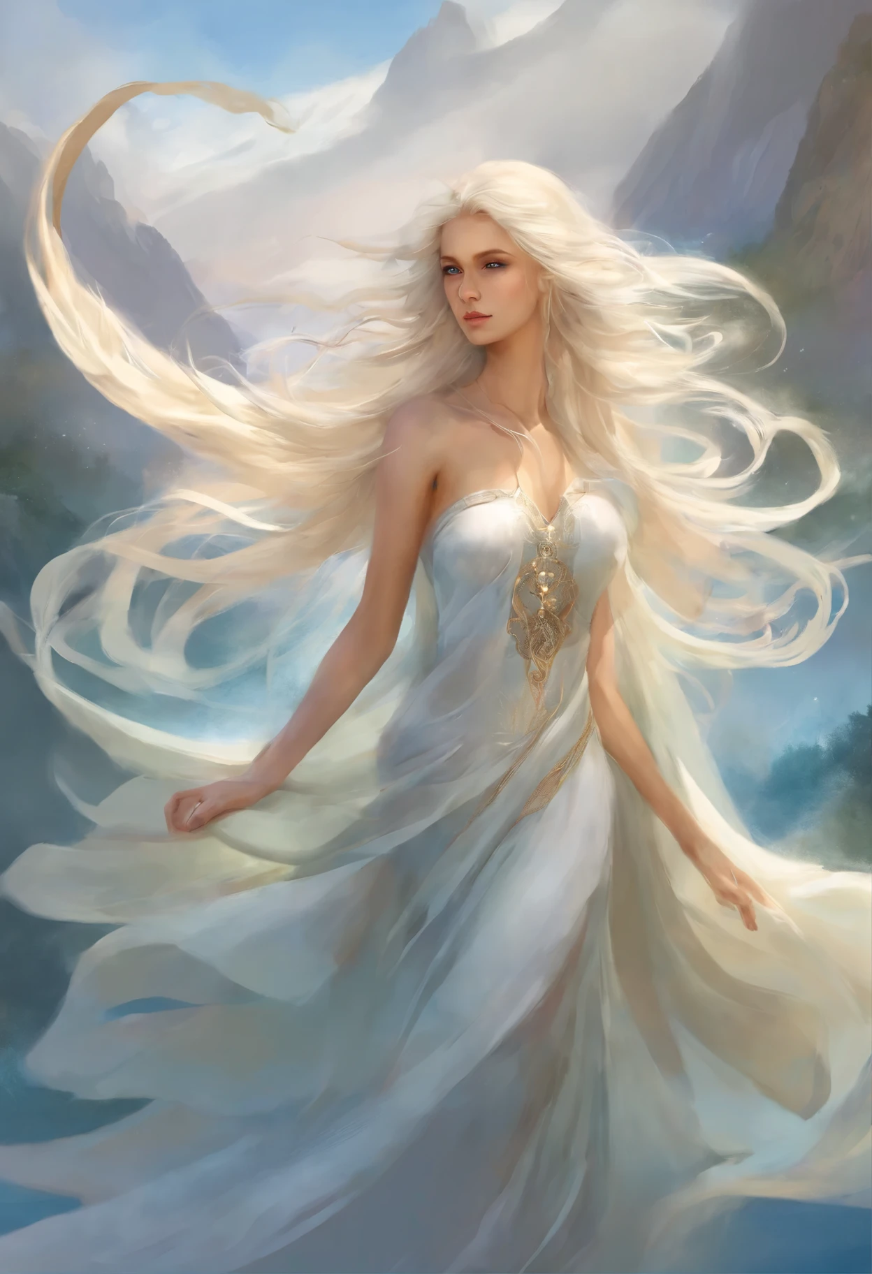 wind spirit, transparent clothing, hair and cloth blown by wind, floating in air, riding the wind, gentle gaze at camera, long white hair, pale blue eyes, bright daylight, shadows created by movement of hair and cloth, high sky, clouds, distant mountains, bird's eye view, showing how wind lifts spirit --v 6.0