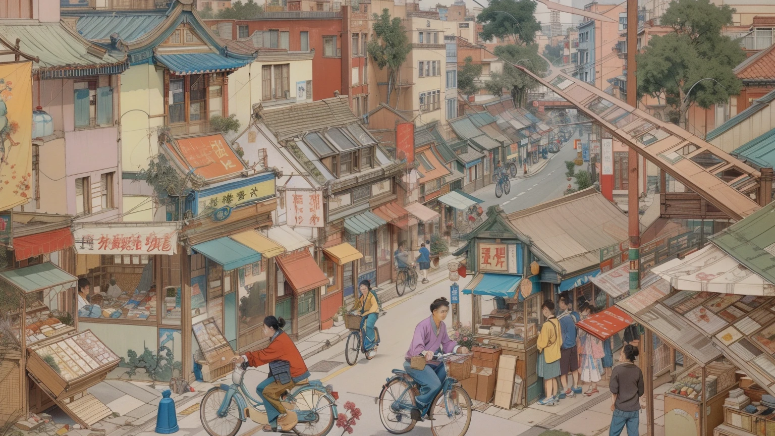 Very detailed scenes。Crowded and densely populated,。crowded streets。busy street。Floating population。bike。Peddler。The topic keyword is 1980s neighborhood。architecture and masterpieces。china street。This is an 80s neighborhood themed art painting，Reflect the colorful architectural styles and life scenes on the streets。Street vendors are busy，Cheerful atmosphere。几辆bike。Unique 1980s atmosphere。street view。many buildings。Showcasing the charm and vitality of the neighborhood in the 1980s。